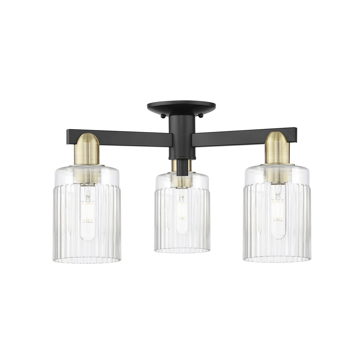 Innovations Hadley 22in 3-Light Semi-Flush Mount | Industrial Black Antique Brass and Clear Ribbed Glass | Entryway & Hallway | 22 | Model 716-3F-BAB-G342