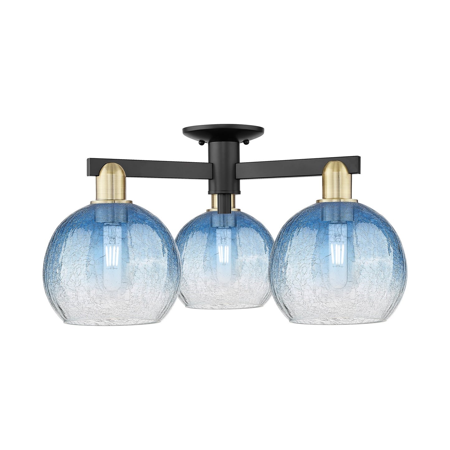Innovations Brookhaven Globe 25.5in 3-Light Semi-Flush Mount | Industrial Black Antique Brass and Sapphire Blue Glass | Living | Model 716-3F-BAB-G483-8SB