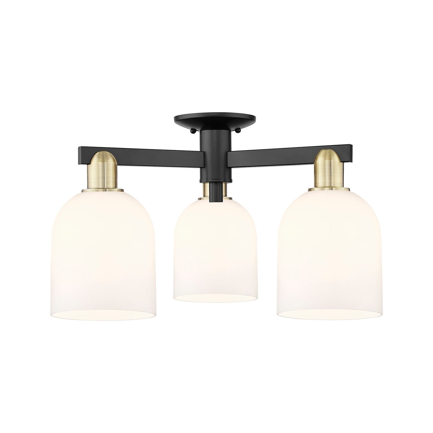 Innovations Bella 23in 3-Light Semi-Flush Mount | Industrial Black Antique Brass Steel and White Glass | Kitchen & Hallway | Model 716-3F-BAB-G558-6GWH