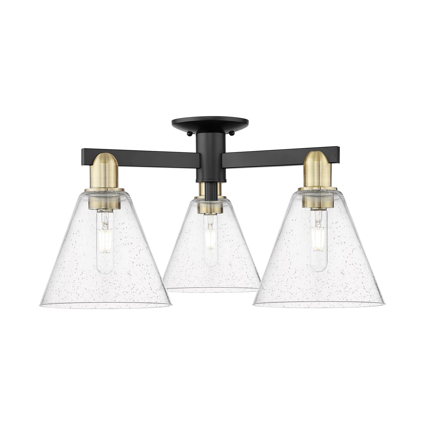 Innovations Berkshire Glass 26in 3-Light Semi-Flush Mount | Industrial Black Antique Brass Steel and Seedy Cone Glass | Kitchen | Model 716-3F-BAB-GBC-84