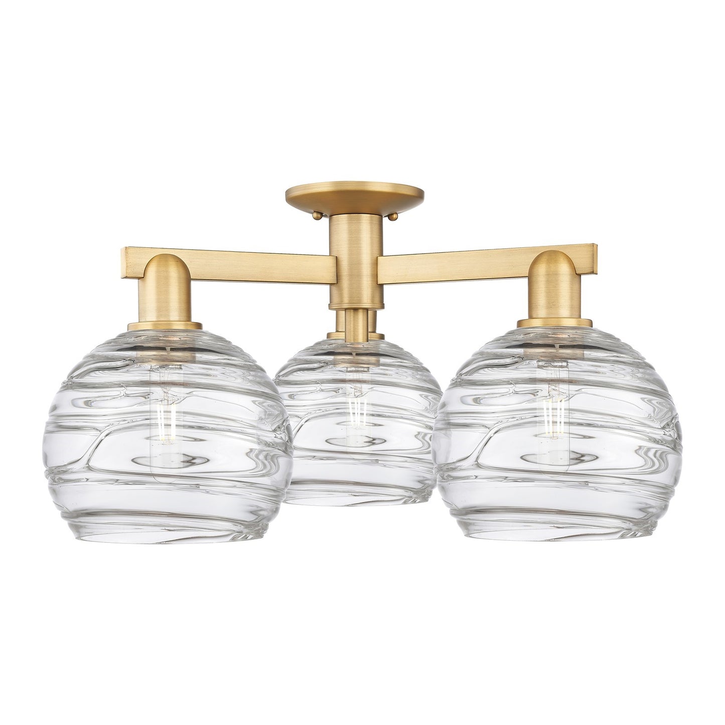 Innovations Athens Deco Swirl 26in 3-Light Semi-Flush Mount | Industrial Brushed Brass Steel and Clear Deco Swirl Glass | Model 716-3F-BB-G1213-8CL