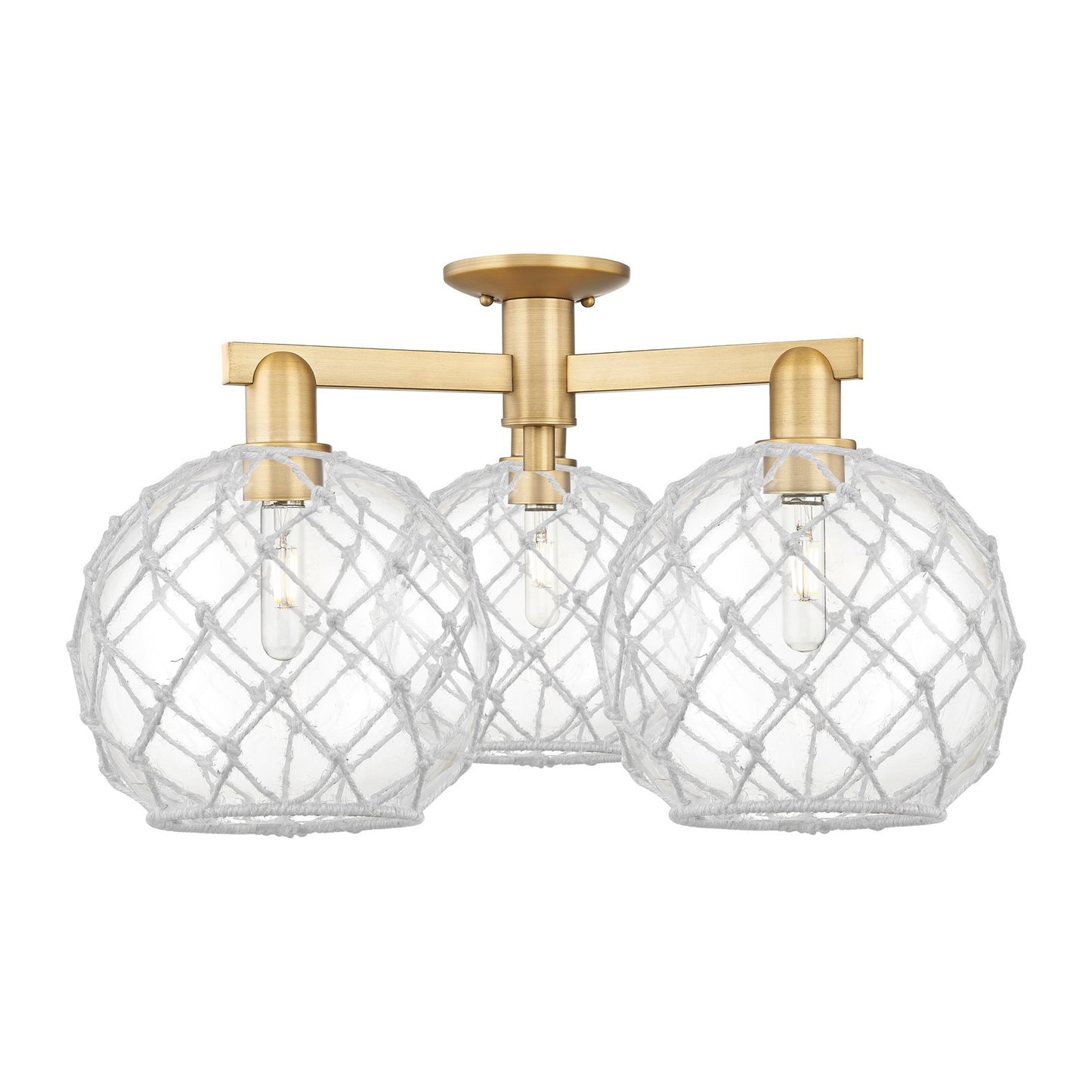 Innovations Farmhouse Rope 28in 3-Light Semi-Flush Mount | Industrial Brushed Brass and Clear Glass with White Rope Shade | Model 716-3F-BB-G122-10RW