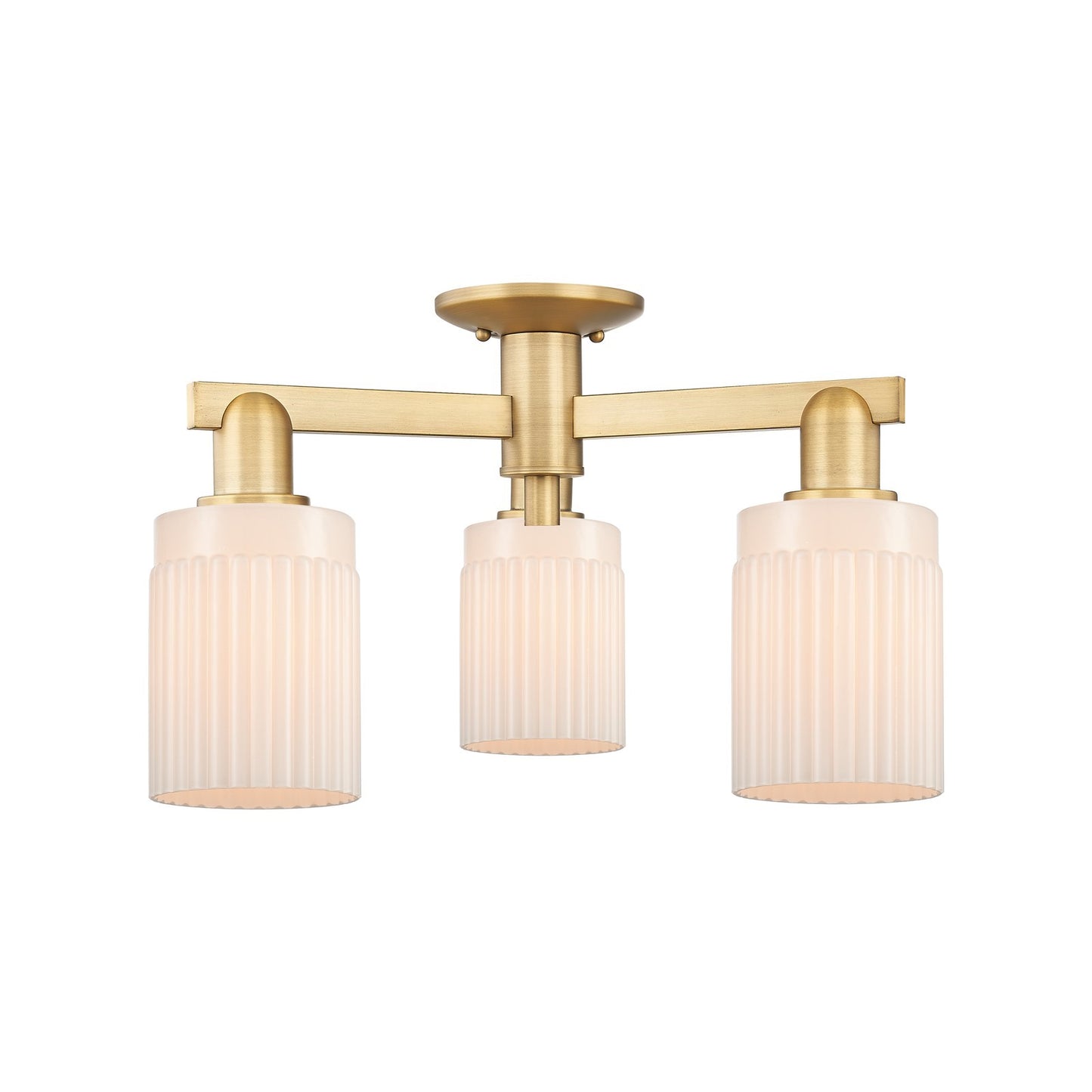 Innovations Hadley 22in 3-Light Semi-Flush Mount | Industrial Brushed Brass Steel and Matte White Ribbed Glass | Kitchen & Hallway | Model 716-3F-BB-G341