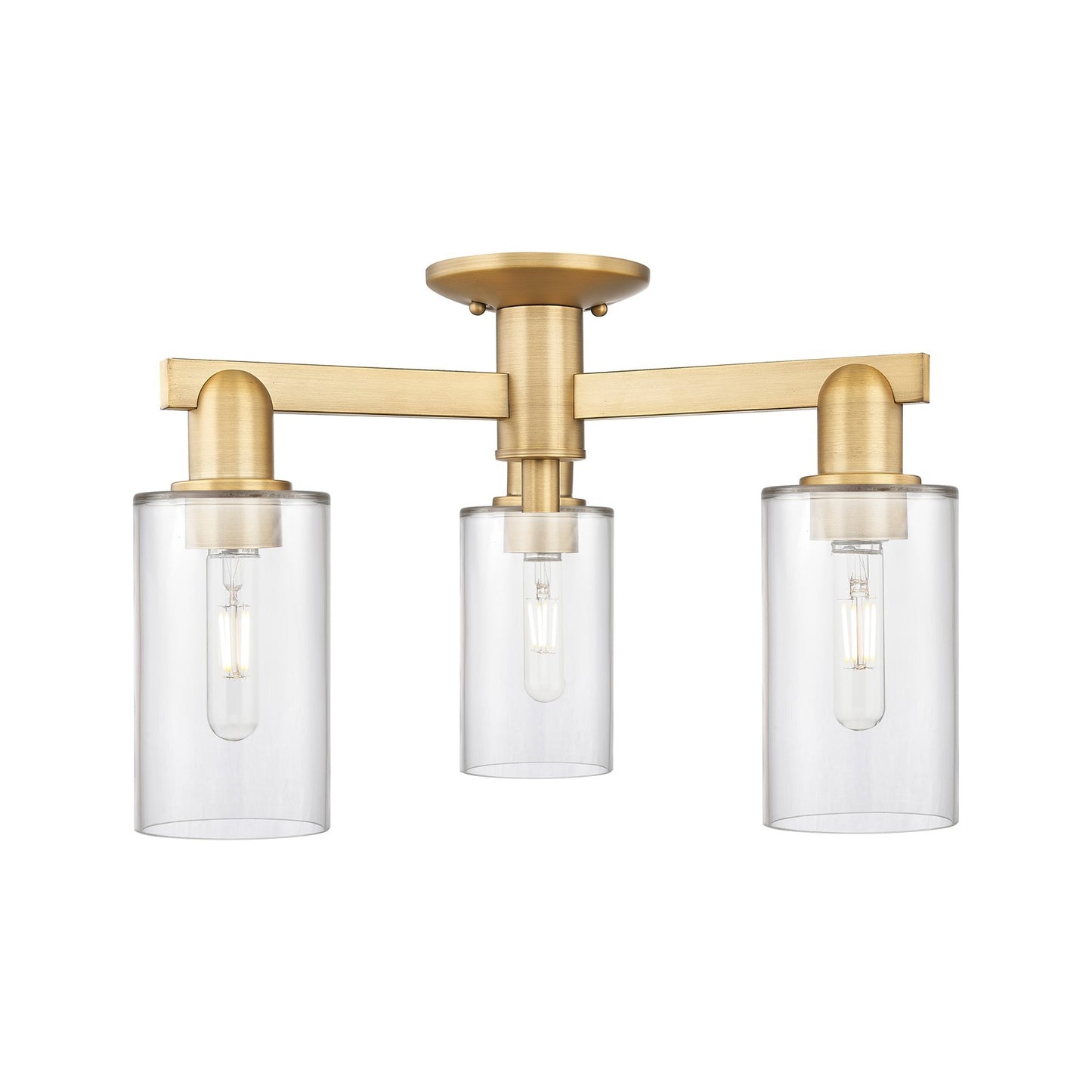 Innovations Clymer 21in 3-Light Semi-Flush Mount | Industrial Brushed Brass Steel and Clear Glass | Entryway & Hallway | Damp | Model 716-3F-BB-G802