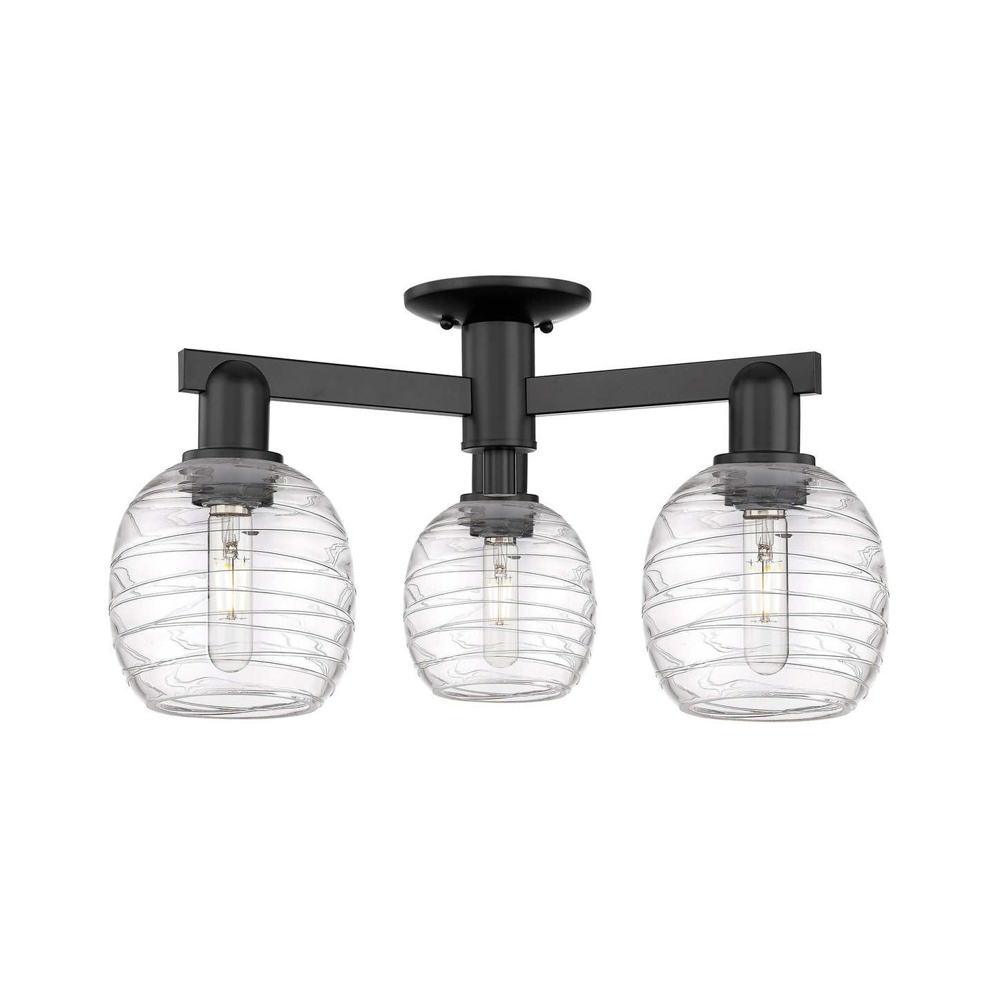 Innovations Belfast 24in 3-Light Semi-Flush Mount | Industrial Matte Black Steel and Deco Swirl Clear Glass | Entryway & Hallway | Model 716-3F-BK-G1013