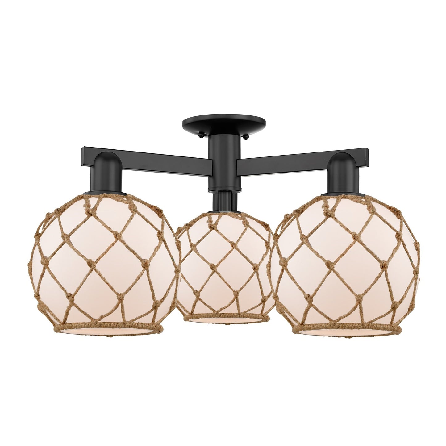 Innovations Farmhouse Rope 26in 3-Light Semi-Flush Mount | Industrial Matte Black Steel and White Frosted Glass with Brown Rope | Model 716-3F-BK-G121-8RB