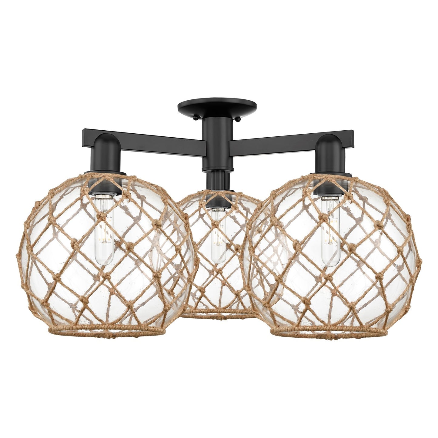 Innovations Farmhouse Rope 28in 3-Light Semi-Flush Mount | Industrial Matte Black Steel and Clear Glass with Brown Rope | Model 716-3F-BK-G122-10RB