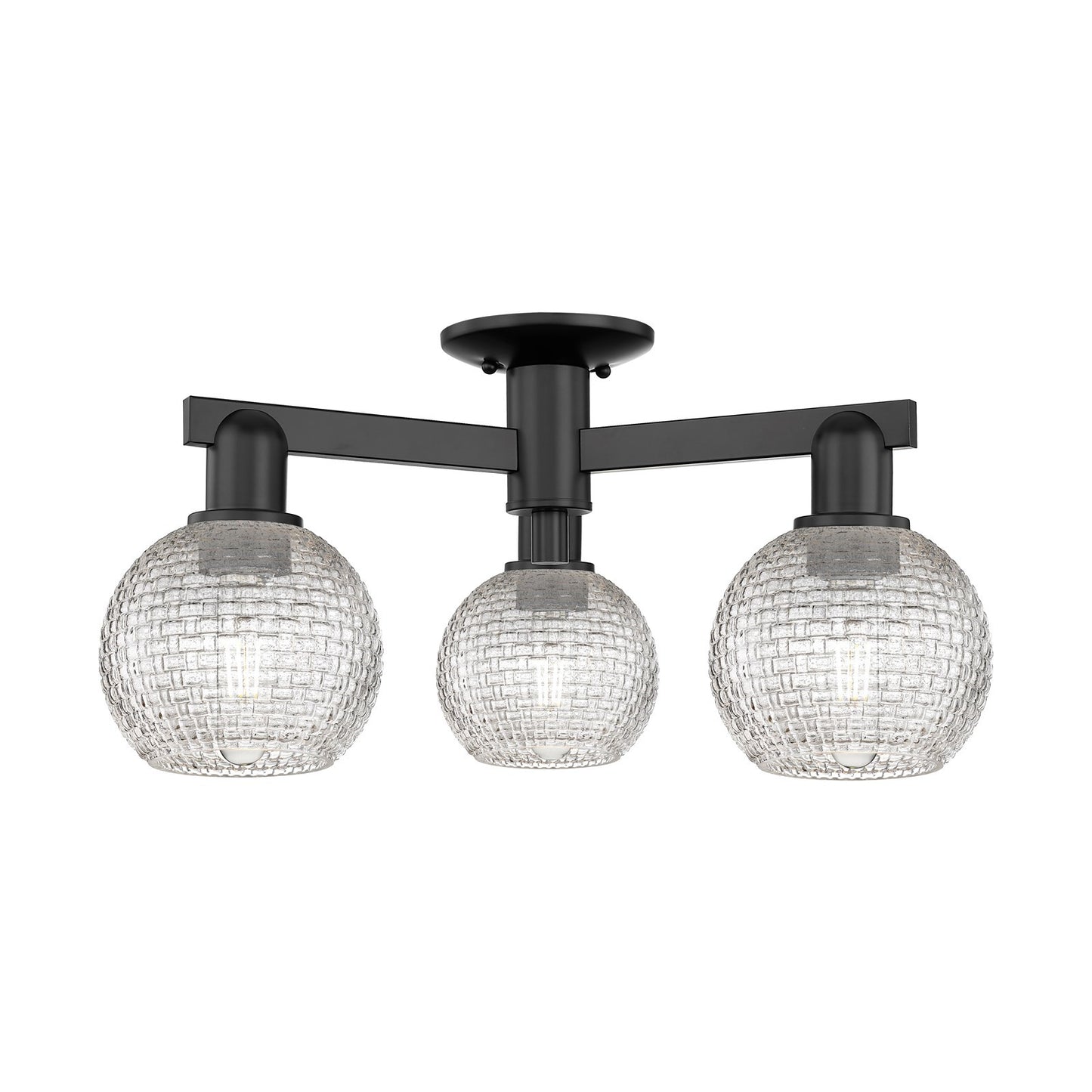 Innovations Athens 23in 3-Light Semi-Flush Mount | Industrial Matte Black Steel and Clear Basket Weave Glass | Entryway & | Model 716-3F-BK-G122C-6CL