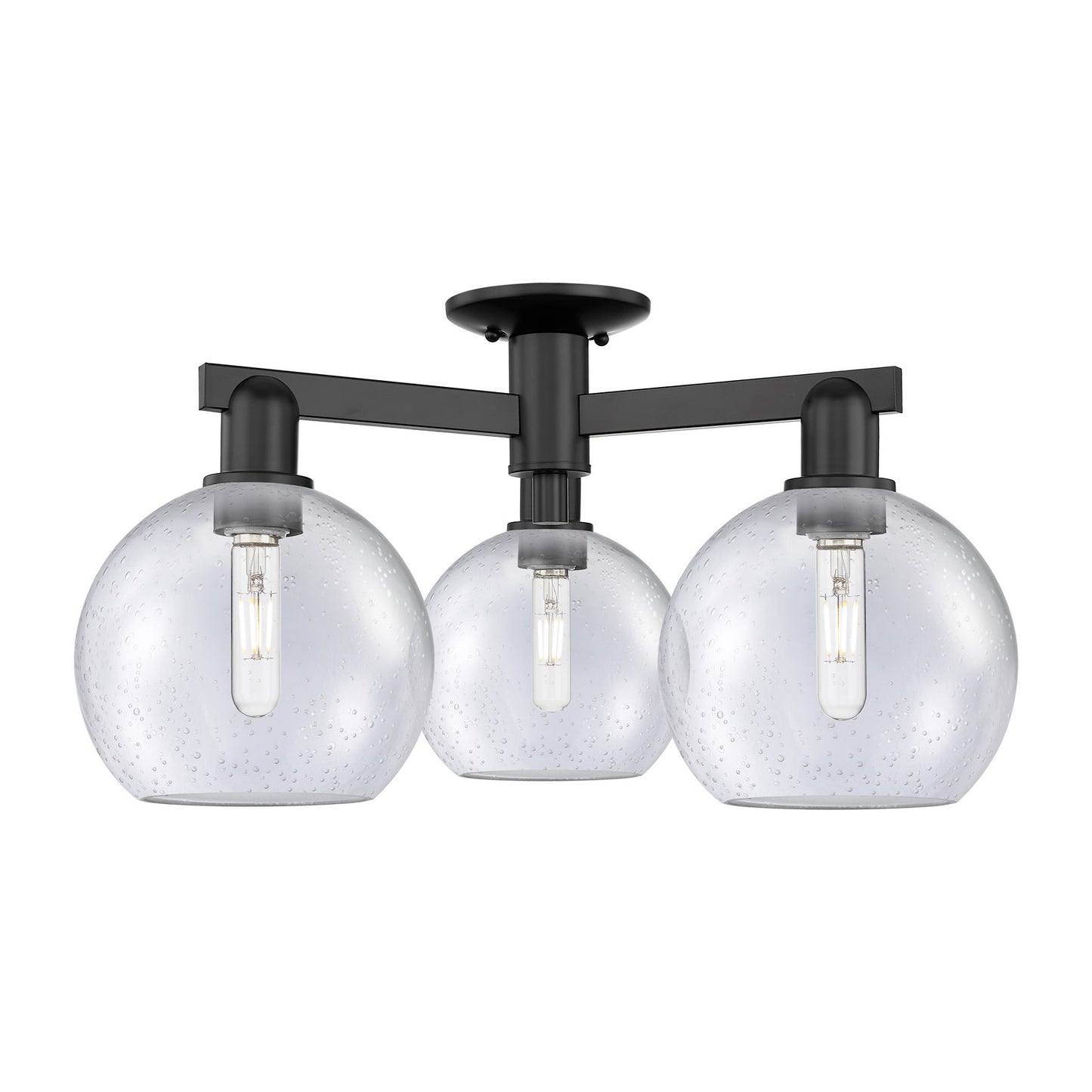 Innovations Athens 26in 3-Light Semi-Flush Mount | Industrial Matte Black Steel and Seedy Glass | Damp-Rated Entryway & Hallway | Model 716-3F-BK-G124-8
