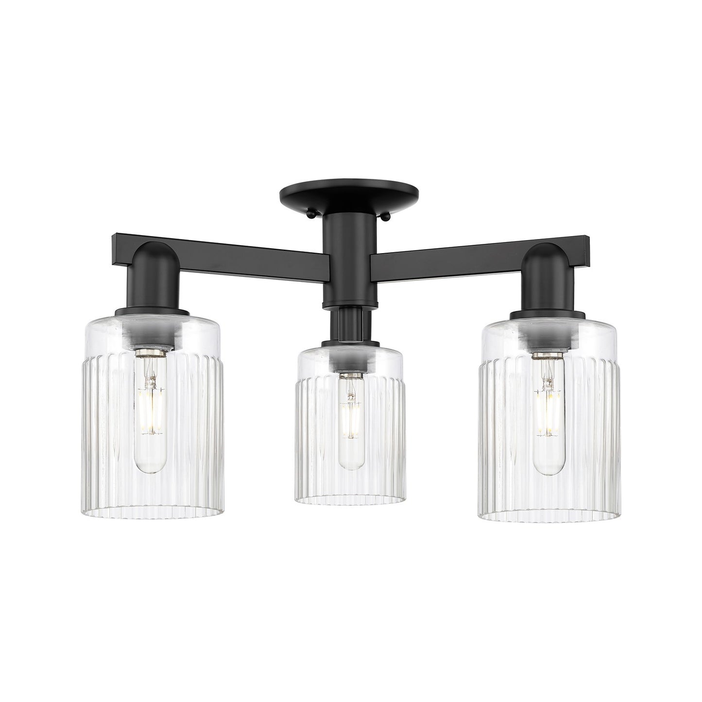 Innovations Hadley 22in 3-Light Semi-Flush Mount | Industrial Matte Black Steel and Clear Ribbed Glass | Entryway & Hallway | 22 x | Model 716-3F-BK-G342