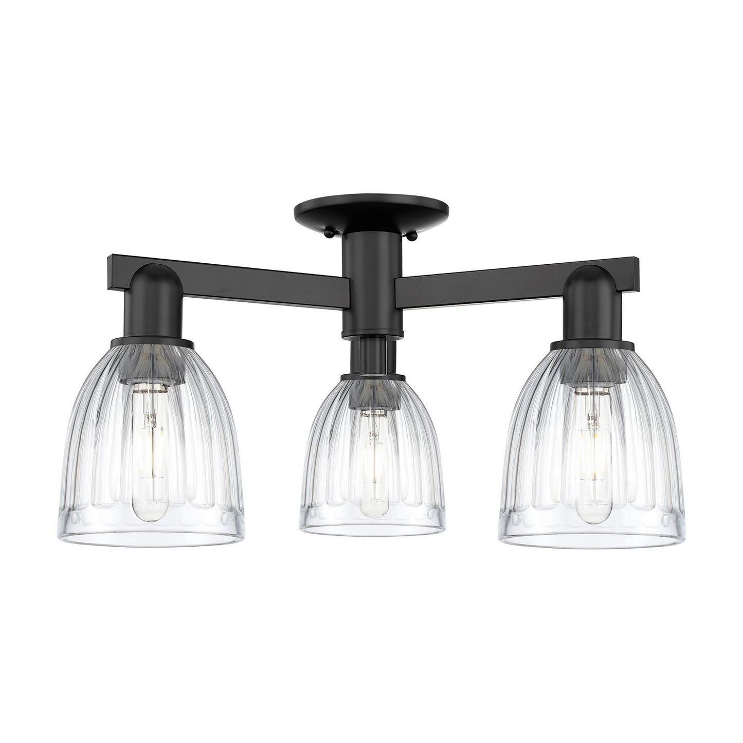 Innovations Brookfield 23.25in 3-Light Semi-Flush Mount | Industrial Matte Black Steel and Clear Ribbed Glass | Entryway & Hallway | Model 716-3F-BK-G442