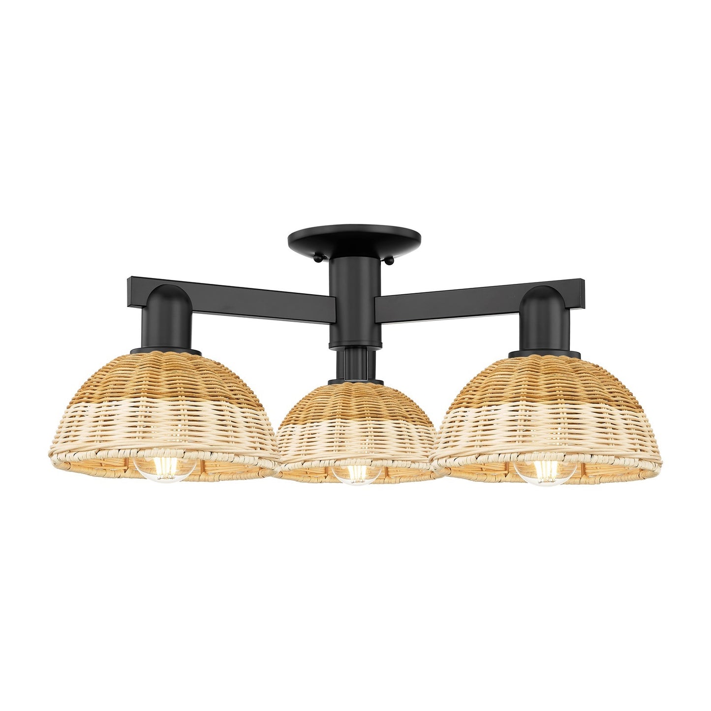 Innovations Natural Ballston Dome 25in 3-Light Semi-Flush Mount | Farmhouse Matte Black Steel and Natural Fiber Dome | Model 716-3F-BK-NBD2-75-NAT