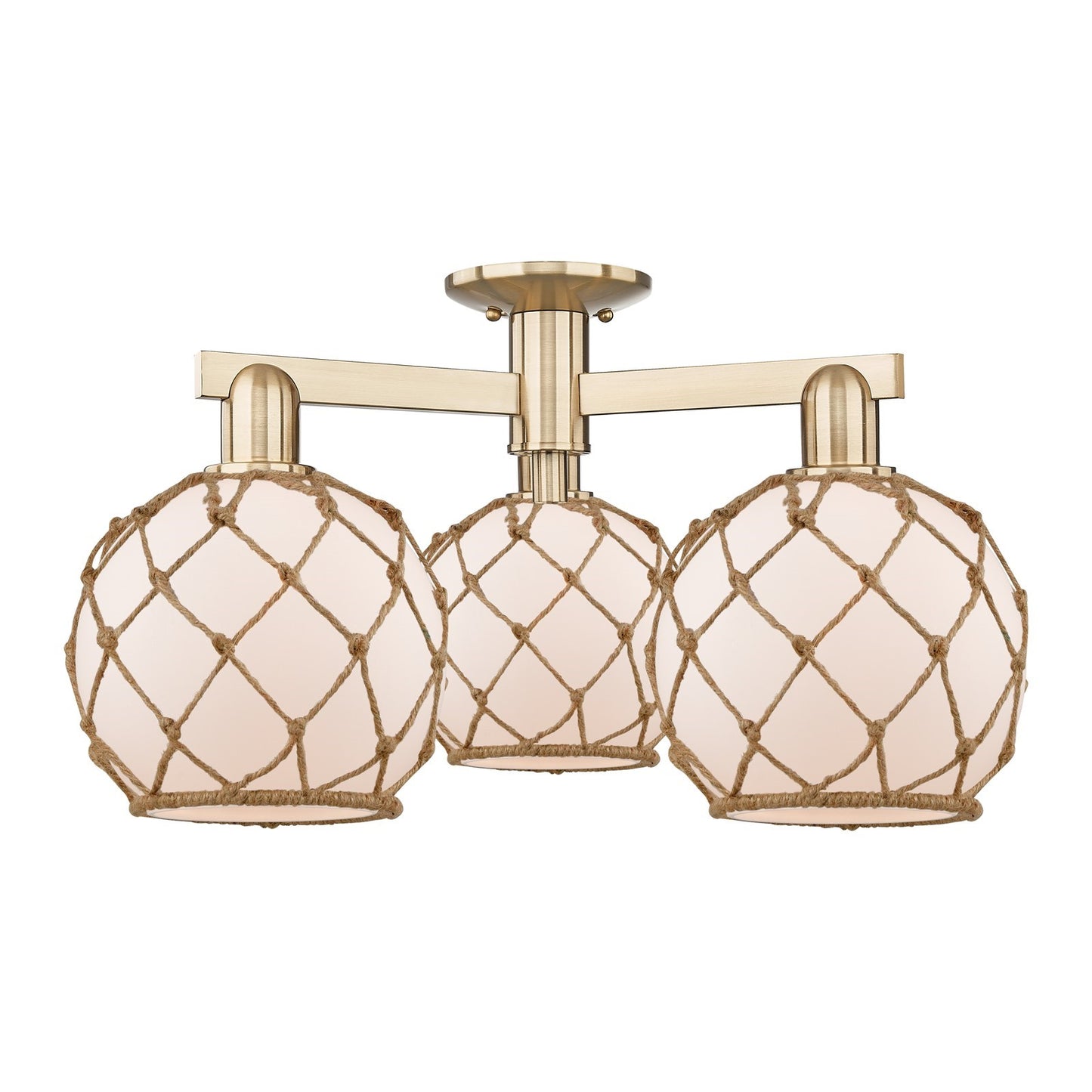 Innovations Farmhouse Rope 26in 3-Light Semi-Flush Mount | Industrial Champagne Bronze Steel and White Frosted Glass with Brown | Model 716-3F-CB-G121-8RB