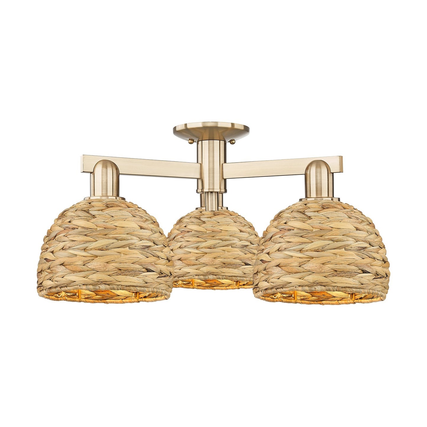 Innovations Woven Rattan 26in 3-Light Semi-Flush Mount | Industrial Champagne Bronze Steel and Natural Fiber Dome Shade | Model 716-3F-CB-RBD-8-NAT