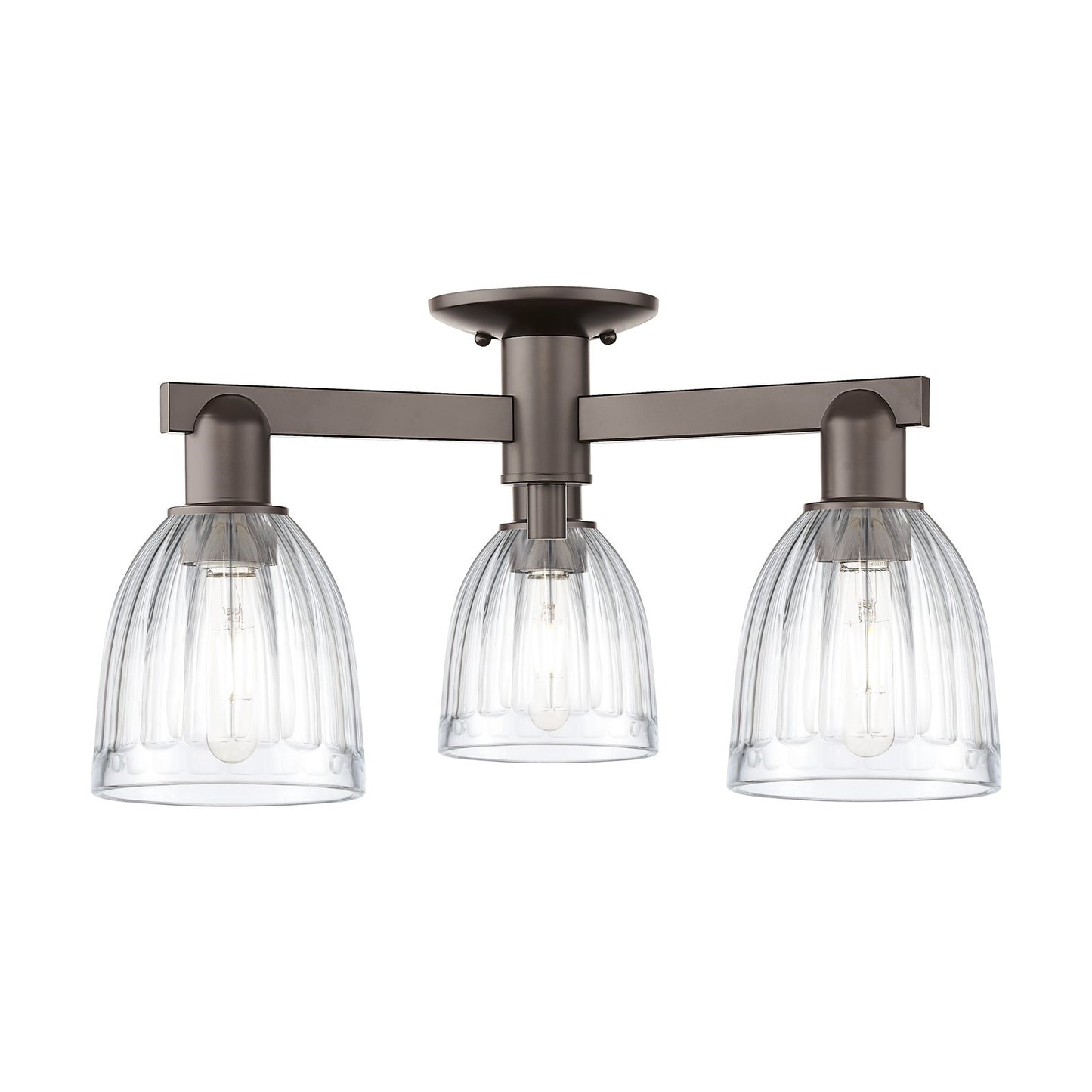 Innovations Brookfield 23in 3-Light Semi-Flush Mount | Industrial Oil Rubbed Bronze Steel and Clear Ribbed Glass | Entryway & | Model 716-3F-OB-G442