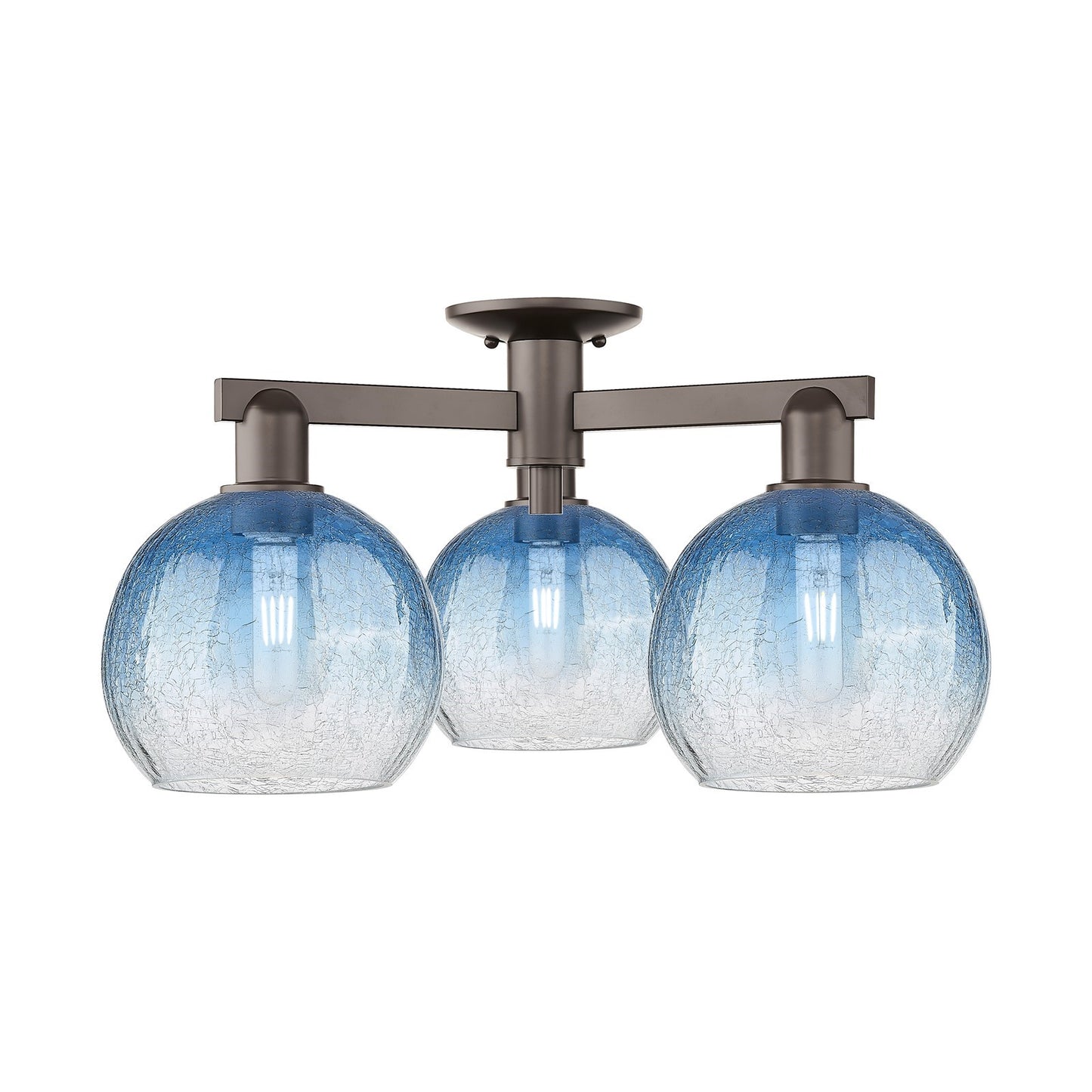 Innovations Brookhaven Globe 25.5in 3-Light Semi-Flush Mount | Industrial Oil Rubbed Bronze Steel and Sapphire Blue Glass | Model 716-3F-OB-G483-8SB