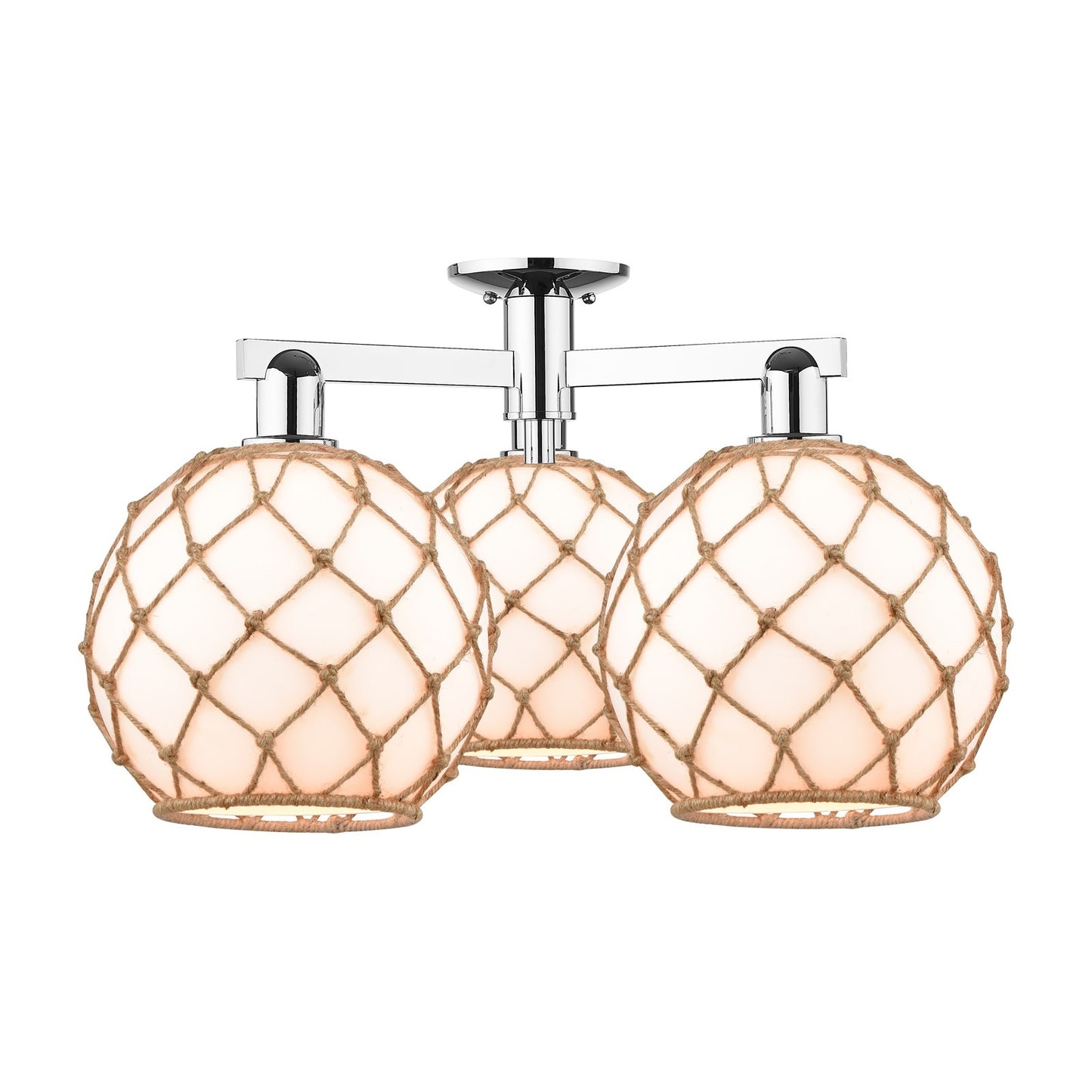 Innovations Farmhouse Rope 28in 3-Light Semi-Flush Mount | Industrial Polished Chrome and Matte White Glass with Brown Rope | Model 716-3F-PC-G121-10RB