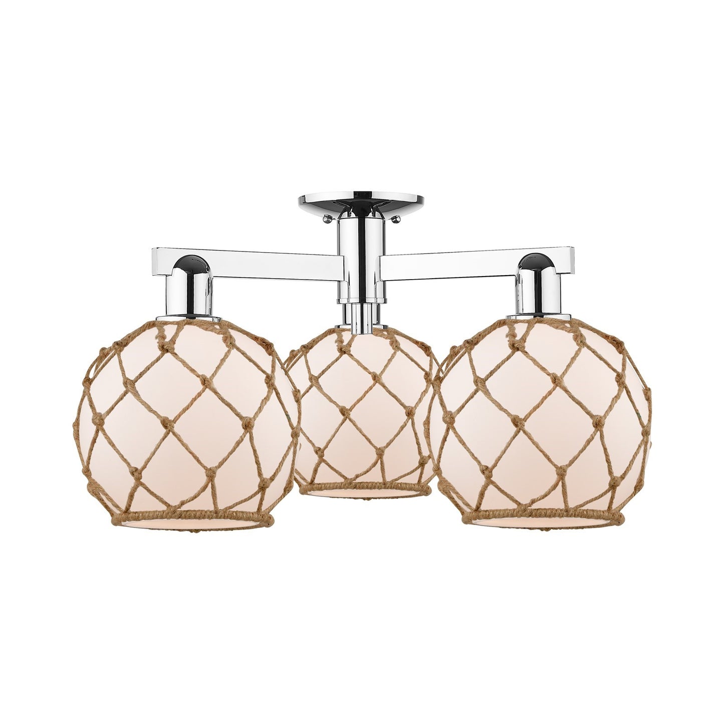 Innovations Farmhouse Rope 26in 3-Light Semi-Flush Mount | Industrial Polished Chrome and White Glass with Brown Rope | Model 716-3F-PC-G121-8RB