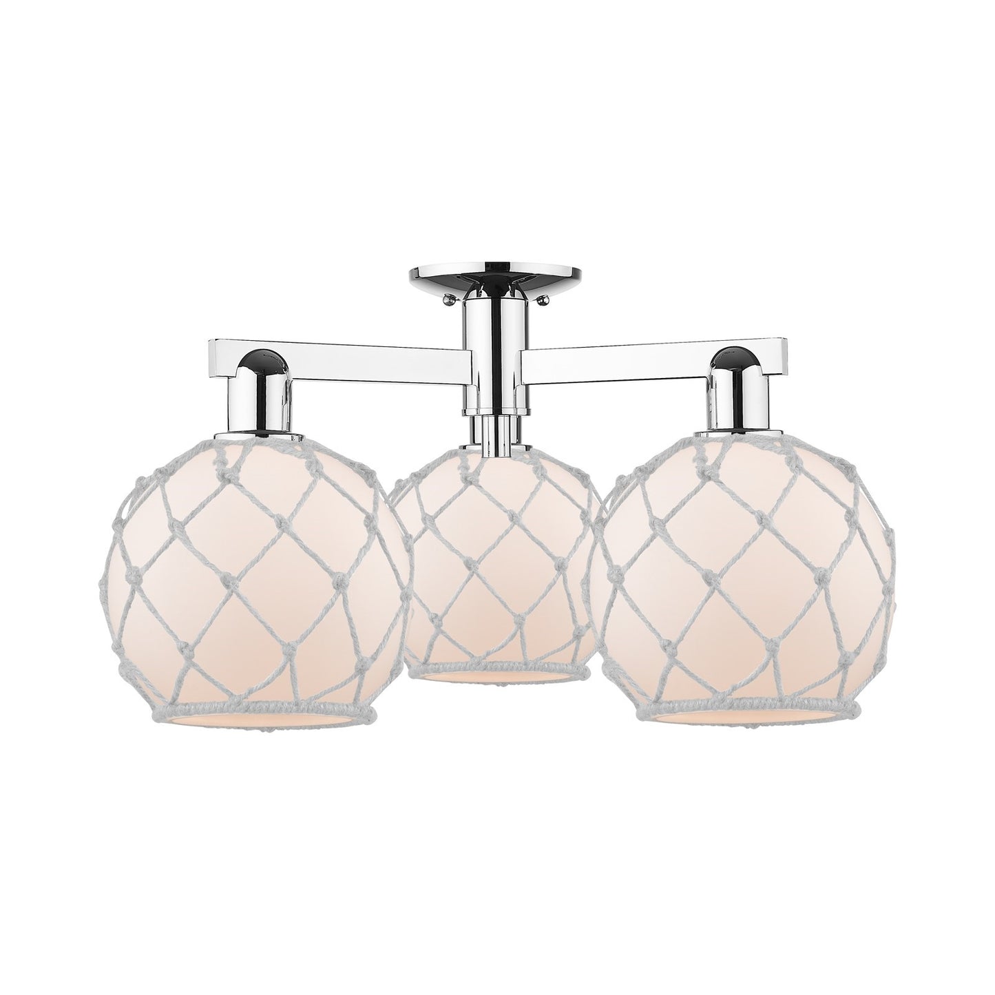 Innovations Farmhouse Rope 26in 3-Light Semi-Flush Mount | Industrial Polished Chrome Steel and White Frosted Glass with Rope | Model 716-3F-PC-G121-8RW