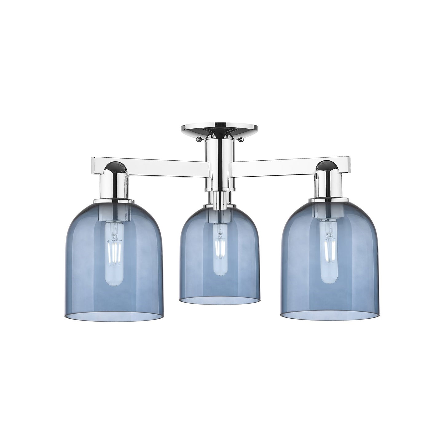 Innovations Bella 23in 3-Light Semi-Flush Mount | Industrial Polished Chrome and Blue Glass | Kitchen & Hallway | 23 x 23 x | Model 716-3F-PC-G558-6BL