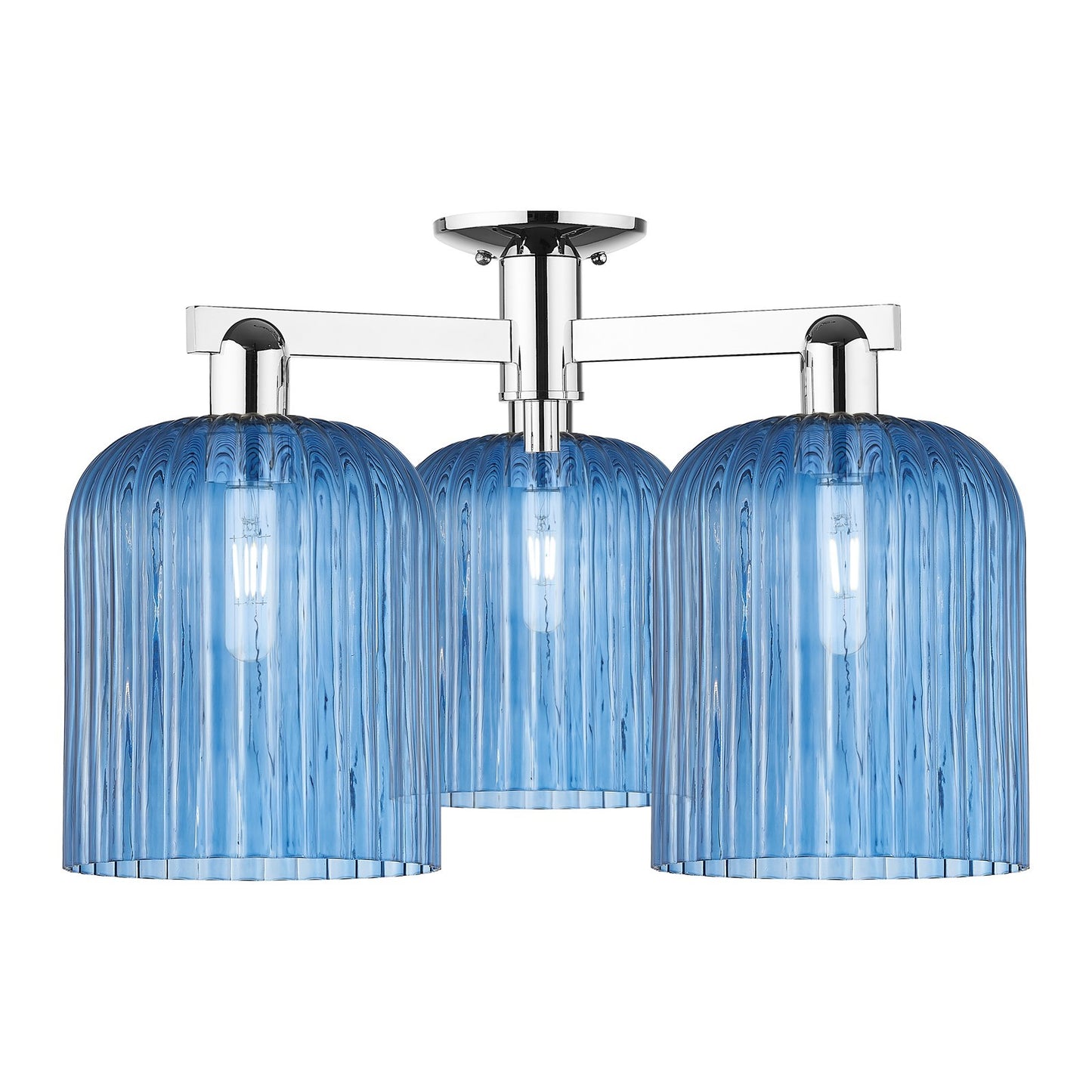 Innovations Bridal Veil 26in 3-Light Semi-Flush Mount | Industrial Polished Chrome Steel and Princess Blue Ribbed Glass | Model 716-3F-PC-G559-8BL