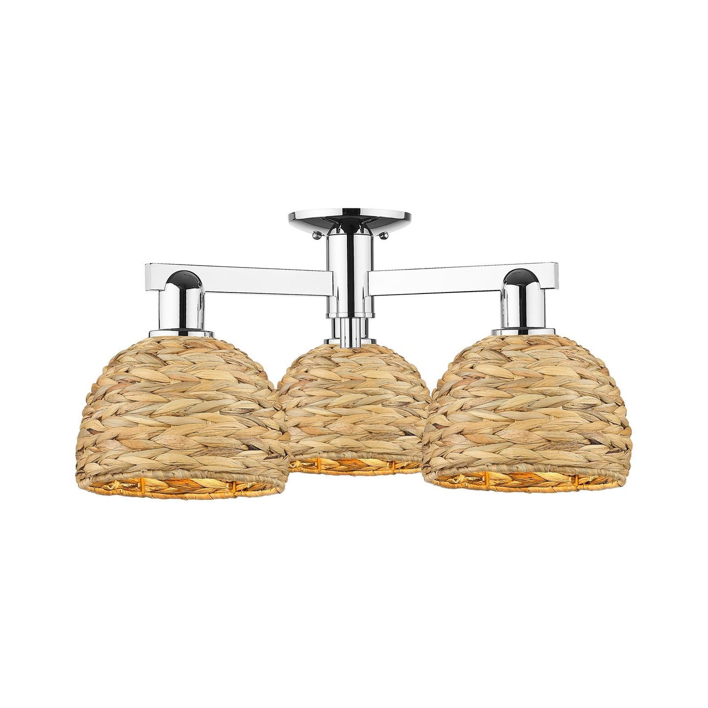 Innovations Woven Rattan 26in 3-Light Semi-Flush Mount | Industrial Modern Polished Chrome and Natural Fiber Dome Shade | Model 716-3F-PC-RBD-8-NAT