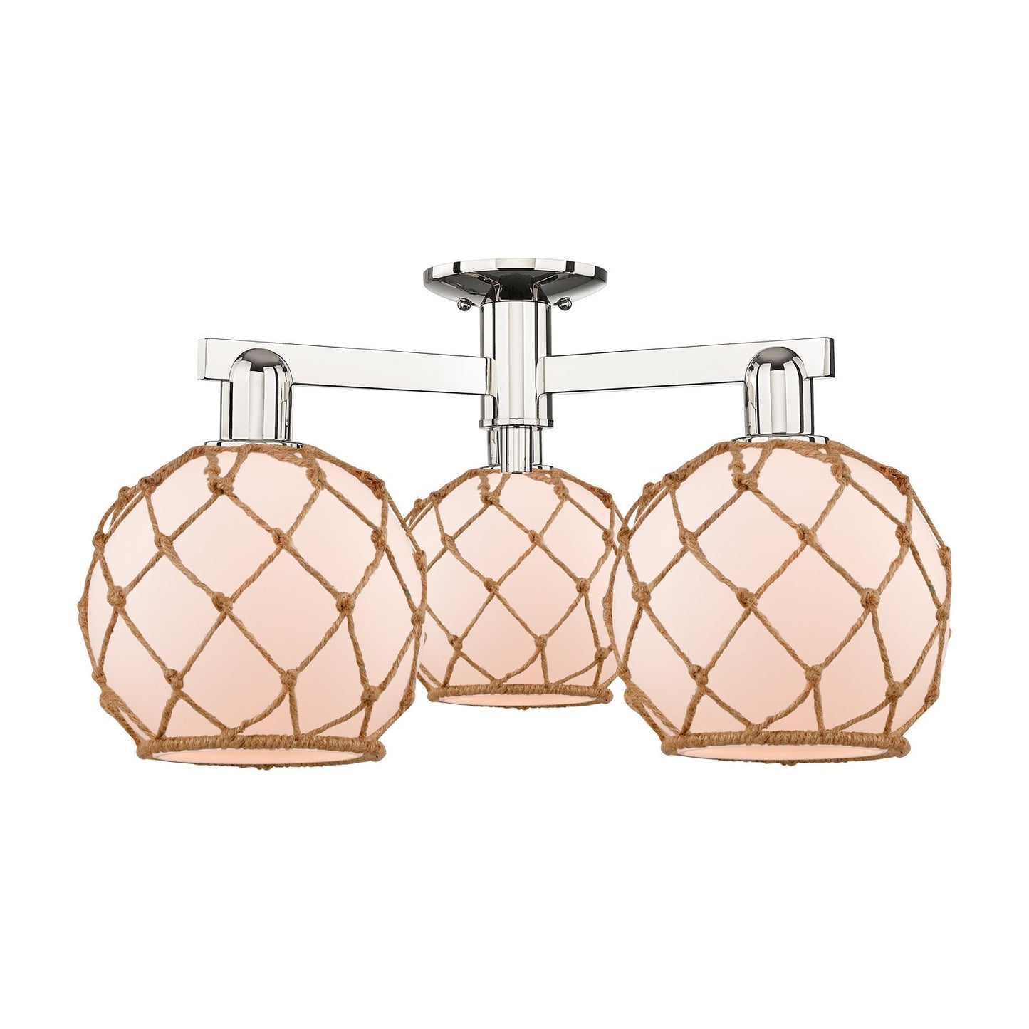 Innovations Farmhouse Rope 26in 3-Light Semi-Flush Mount | Industrial Polished Nickel and White Glass with Brown Rope | Model 716-3F-PN-G121-8RB
