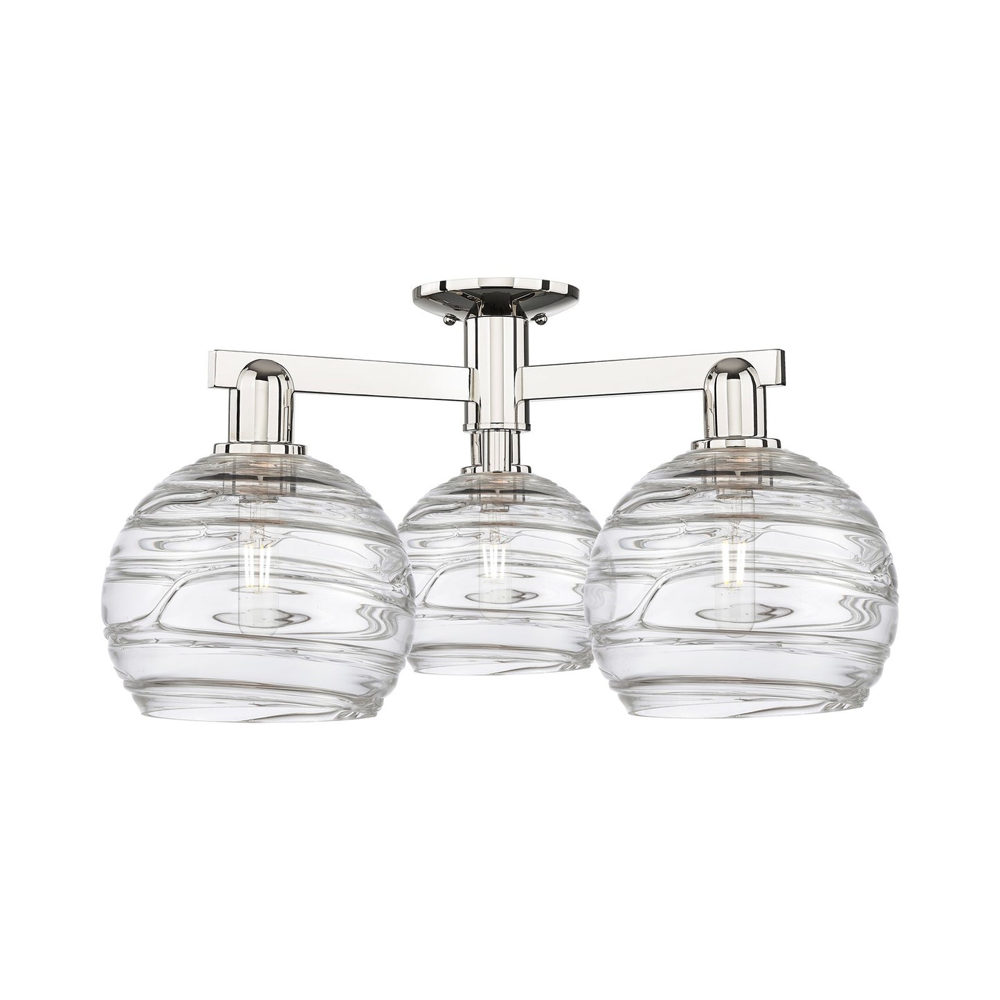 Innovations Athens Deco Swirl 26in 3-Light Semi-Flush Mount | Industrial Polished Nickel Steel and Clear Deco Swirl Glass | Model 716-3F-PN-G1213-8CL
