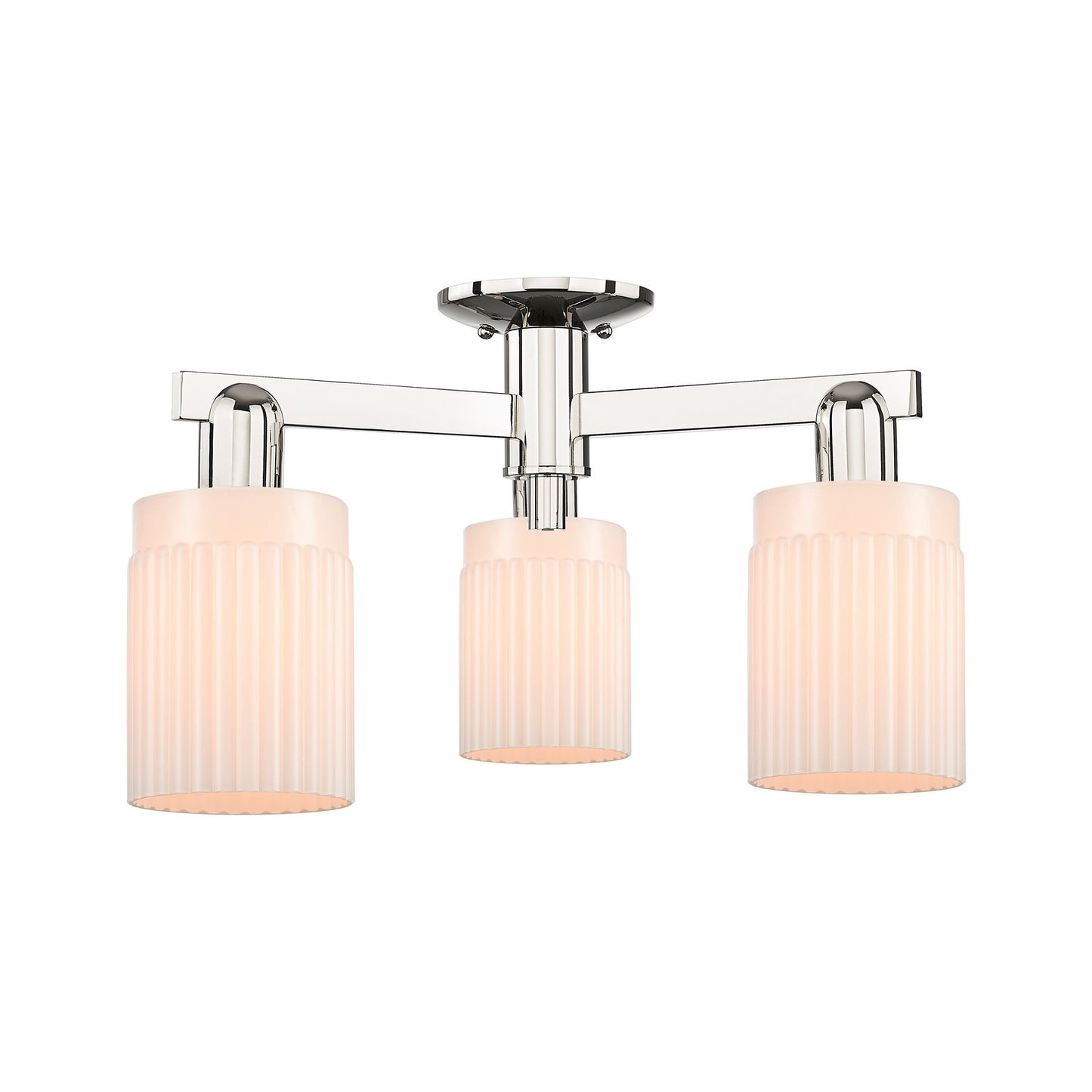 Innovations Hadley 22in 3-Light Semi-Flush Mount | Industrial Modern Contempo Polished Nickel and Matte White Ribbed Glass | Model 716-3F-PN-G341