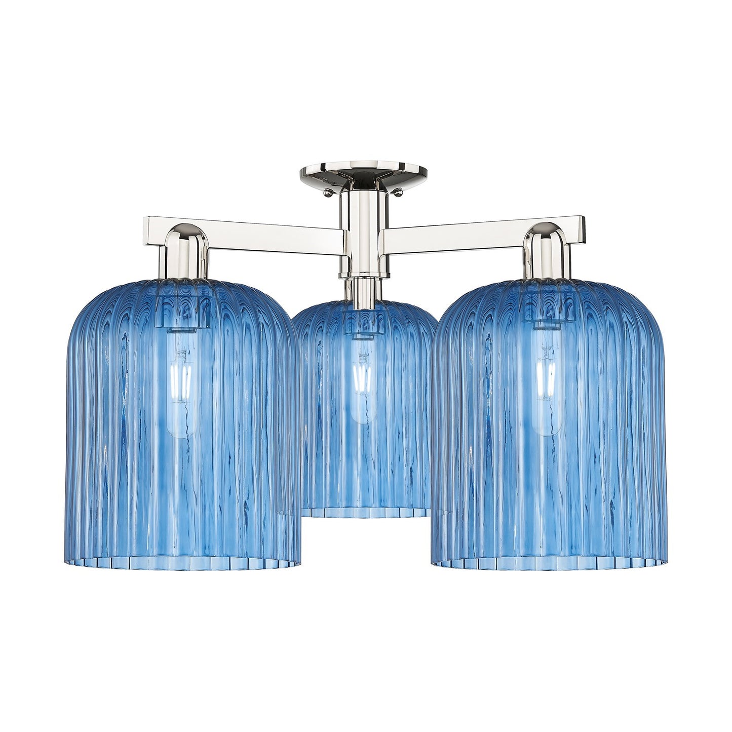 Innovations Bridal Veil 26in 3-Light Semi-Flush Mount | Industrial Polished Nickel and Princess Blue Ribbed Glass | Kitchen & | Model 716-3F-PN-G559-8BL