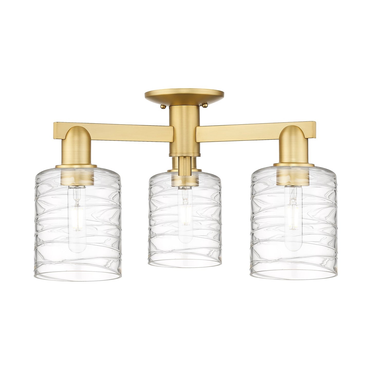 Innovations Cobbleskill 23in 3-Light Semi-Flush Mount | Industrial Satin Gold Steel and Cast Brass with Deco Swirl Clear Glass | Model 716-3F-SG-G1113