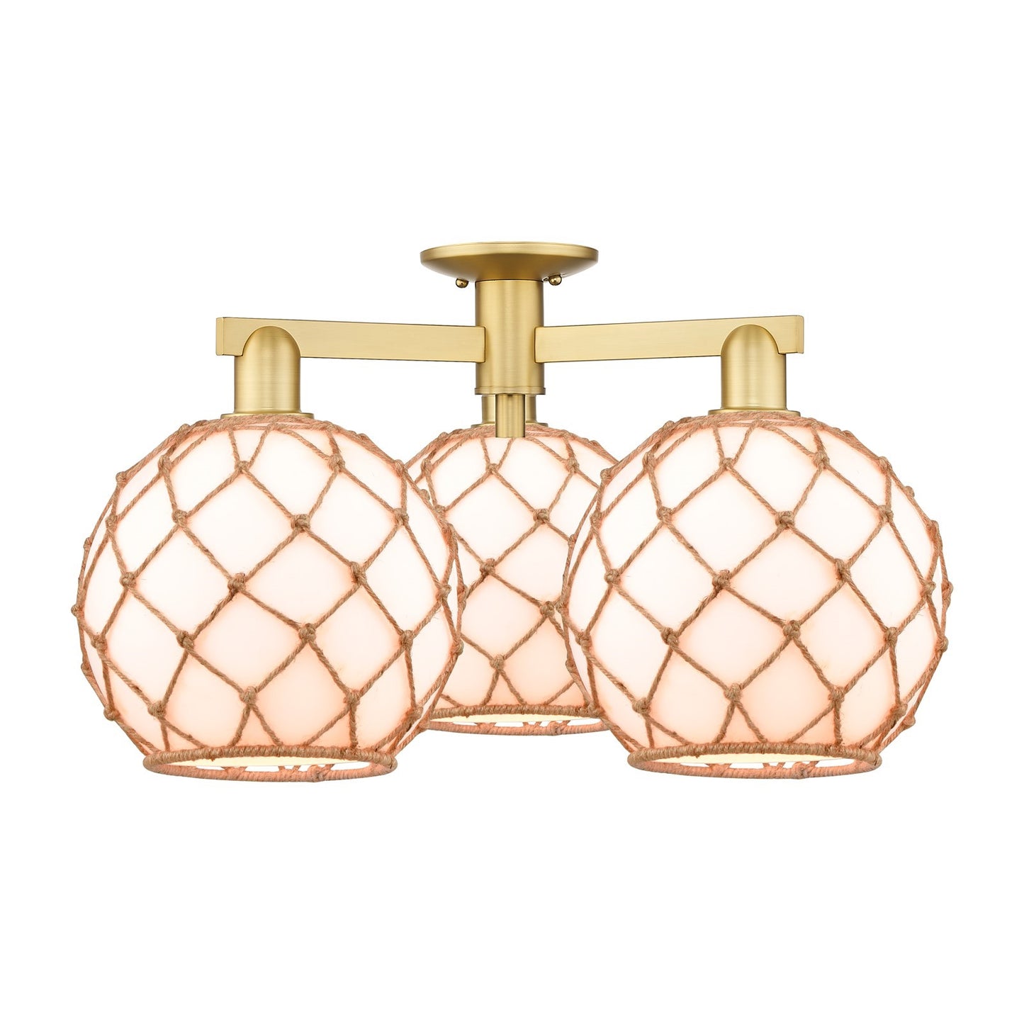 Innovations Farmhouse Rope 28in 3-Light Semi-Flush Mount | Industrial Satin Gold Steel and Matte White Glass with Brown Rope | Model 716-3F-SG-G121-10RB