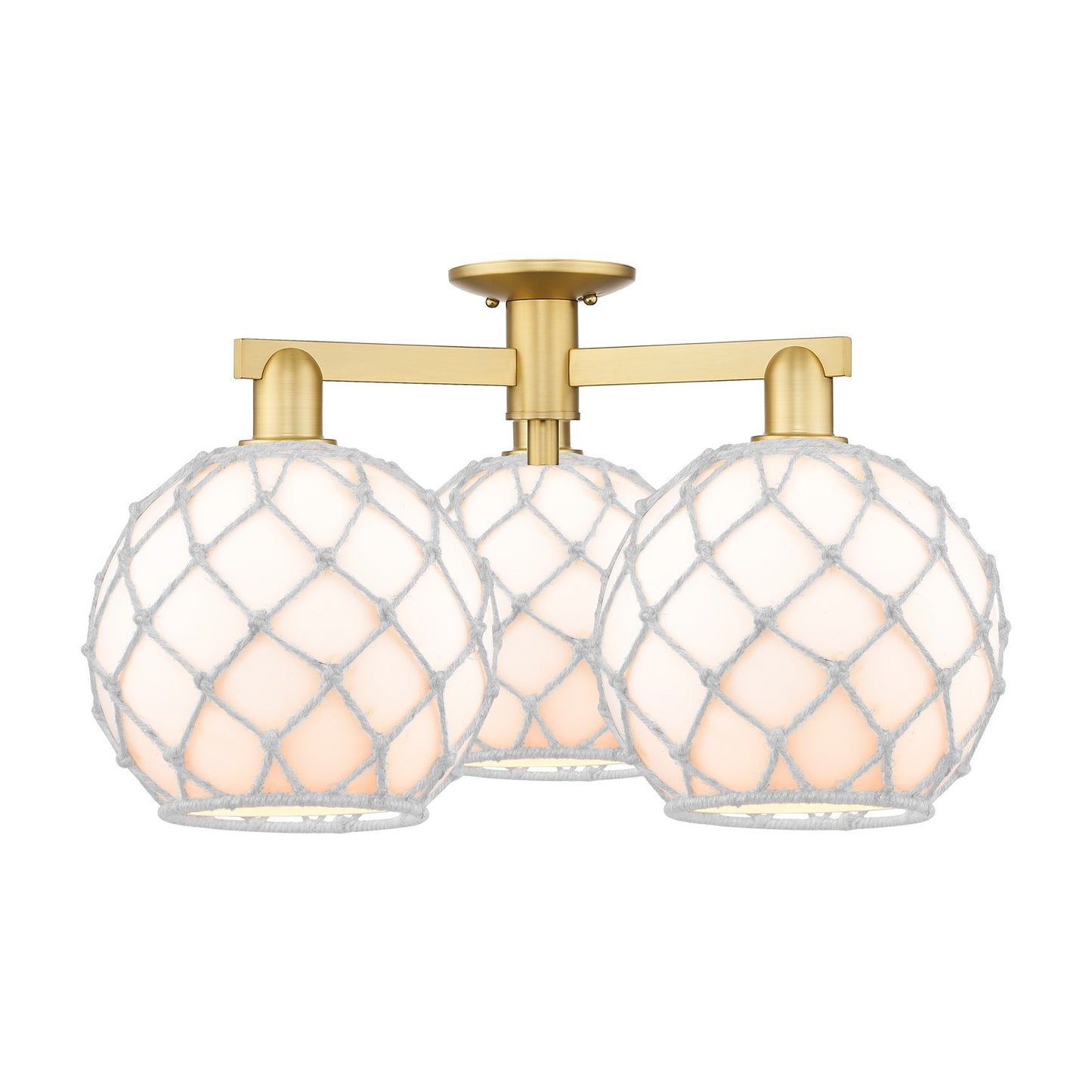 Innovations Farmhouse Rope 28in 3-Light Semi-Flush Mount | Industrial Satin Gold Steel and Cast Brass with White Glass and | Model 716-3F-SG-G121-10RW