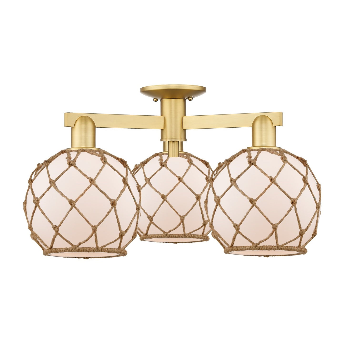 Innovations Farmhouse Rope 26in 3-Light Semi-Flush Mount | Industrial Satin Gold Steel and White Frosted Glass with Brown Rope | Model 716-3F-SG-G121-8RB