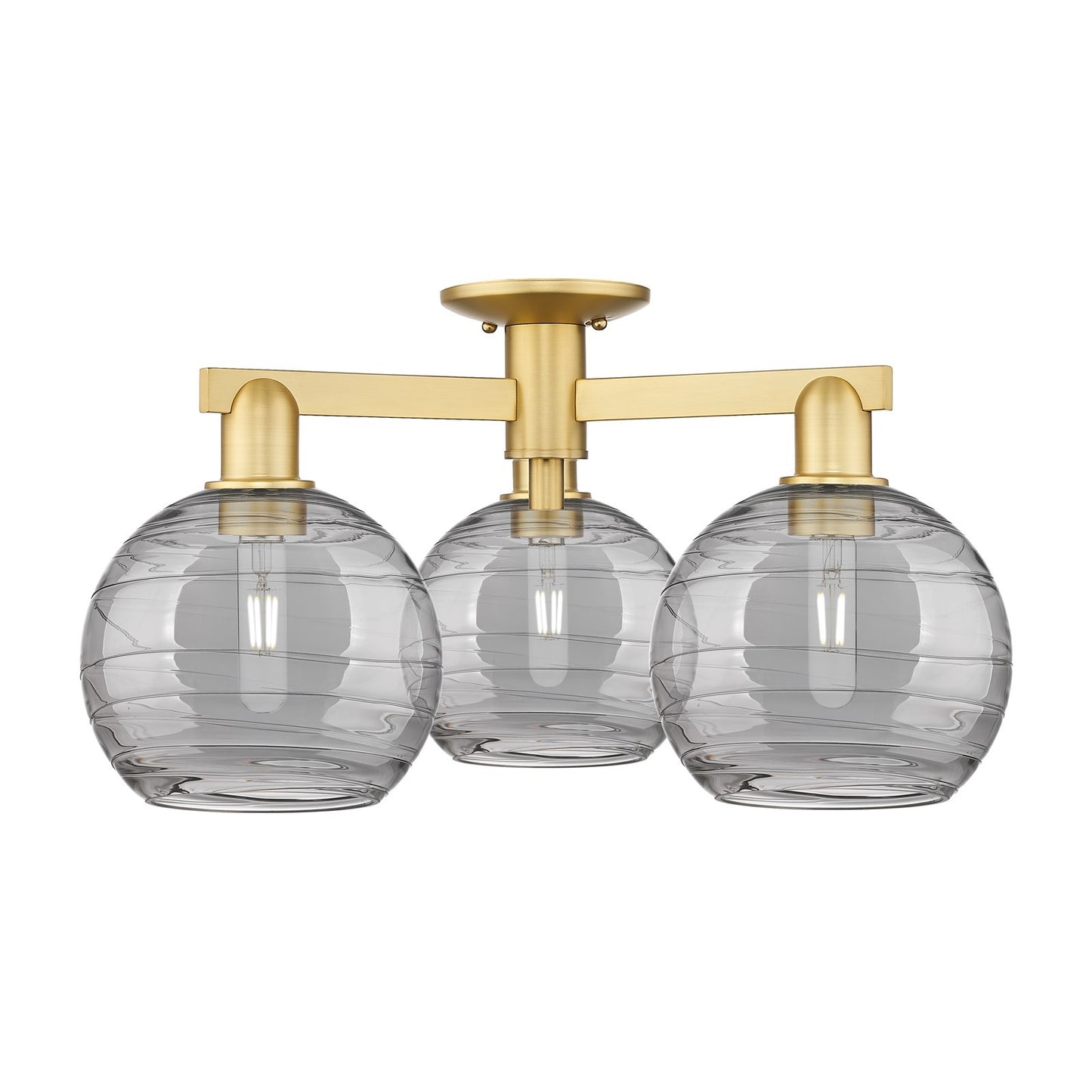 Innovations Athens Deco Swirl 26in 3-Light Semi-Flush Mount | Industrial Satin Gold Steel and Cast Brass with Light Smoke | Model 716-3F-SG-G1213-8SM