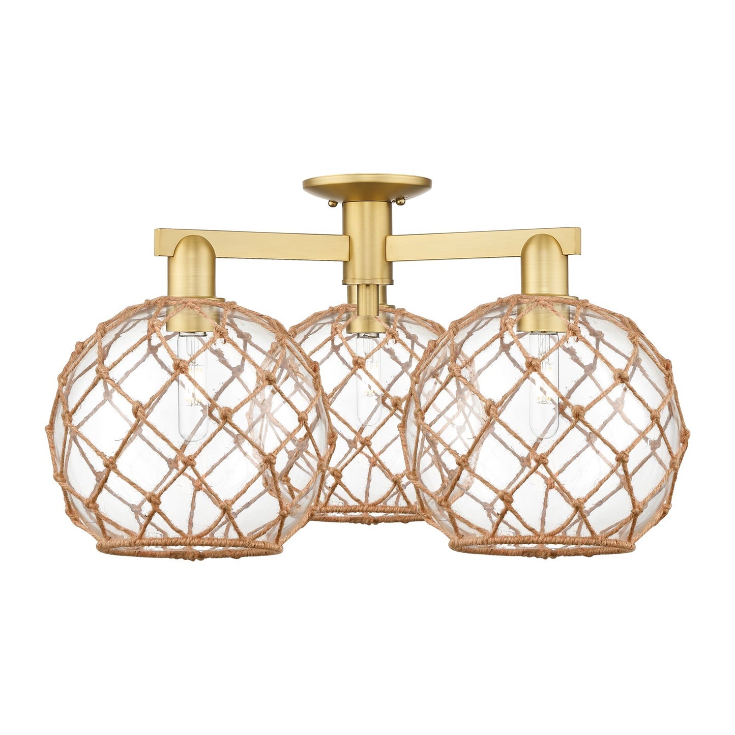 Innovations Farmhouse Rope 28in 3-Light Semi-Flush Mount | Industrial Satin Gold Steel and Clear Glass with Brown Rope | Model 716-3F-SG-G122-10RB