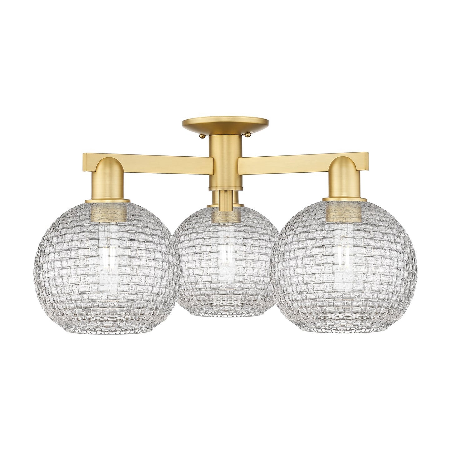 Innovations Athens 26in 3-Light Semi-Flush Mount | Industrial Satin Gold Steel and Clear Basket Weave Glass | Entryway & | Model 716-3F-SG-G122C-8CL