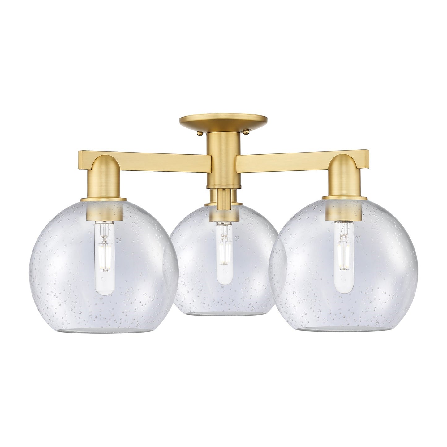 Innovations Athens 26in 3-Light Semi-Flush Mount | Industrial Satin Gold Steel and Seedy Glass | Entryway & Hallway | 25.5 x 25.5 | Model 716-3F-SG-G124-8