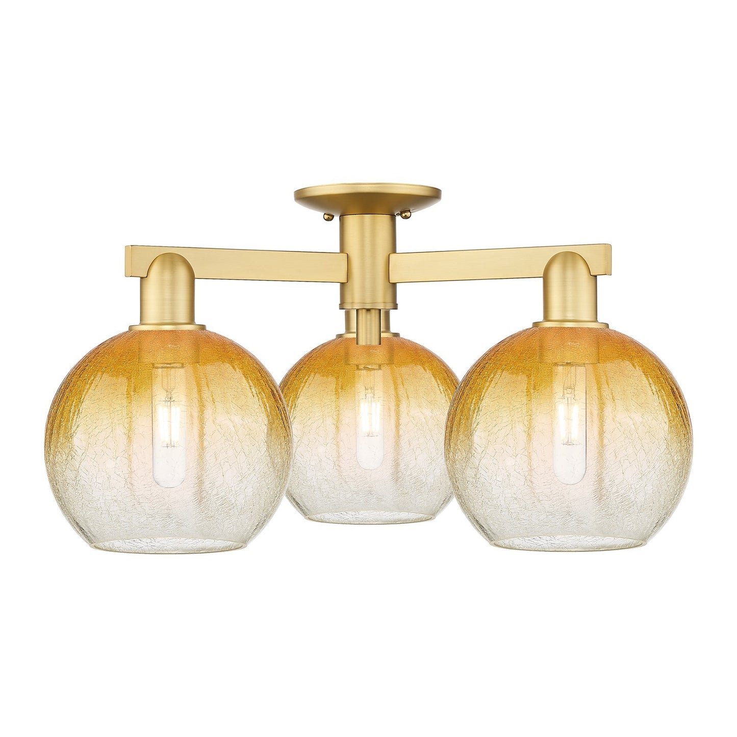 Innovations Brookhaven Globe 26in 3-Light Semi-Flush Mount | Industrial Satin Gold Steel and Amber Glass | Entryway & Hallway | Model 716-3F-SG-G483-8AM