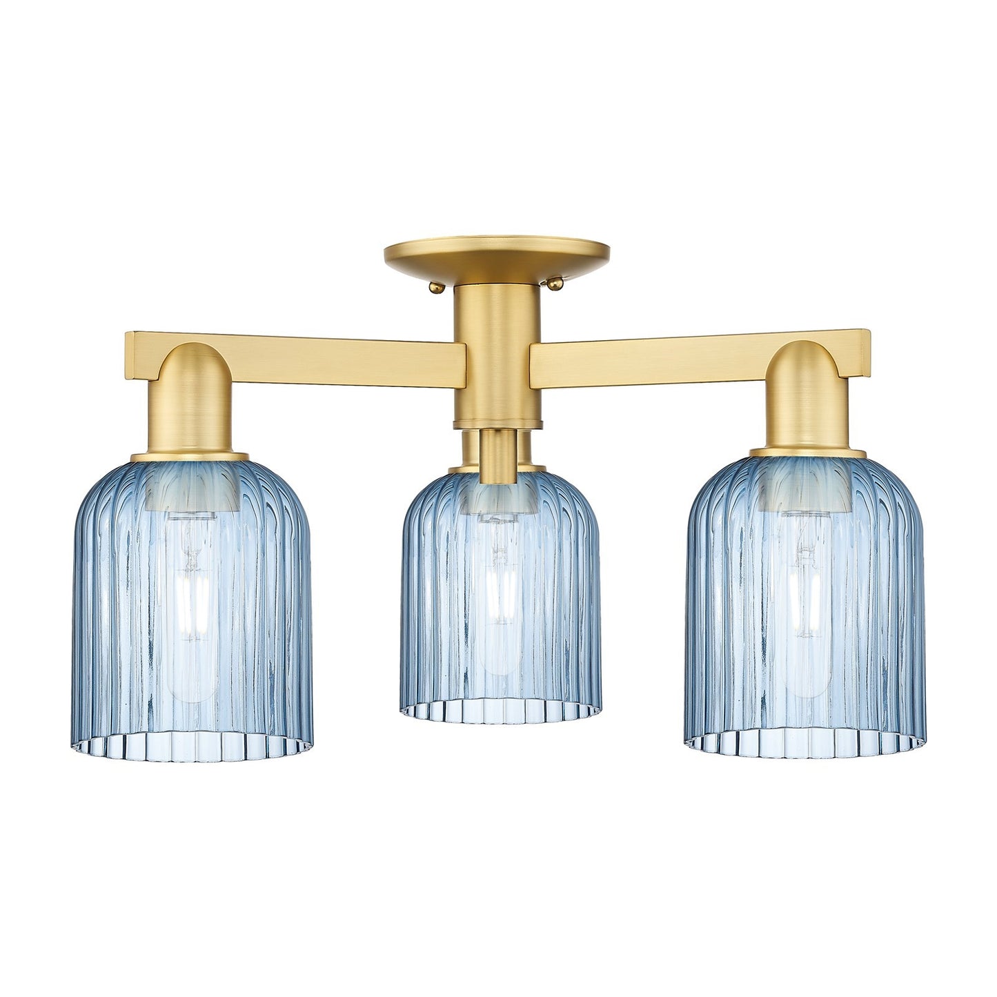 Innovations Bridal Veil 22.5in 3-Light Semi-Flush Mount | Industrial Satin Gold Steel and Princess Blue Ribbed Glass | Entryway | Model 716-3F-SG-G559-5BL