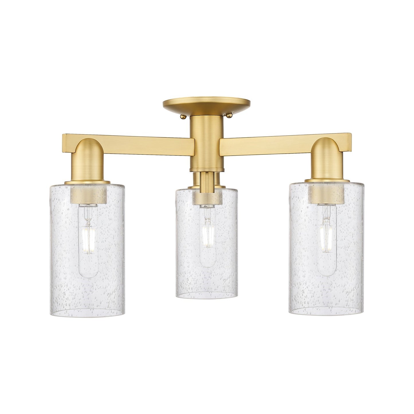 Innovations Clymer 21in 3-Light Semi-Flush Mount | Industrial Satin Gold Steel and Cast Brass with Seedy Glass Shade | Entryway & | Model 716-3F-SG-G804