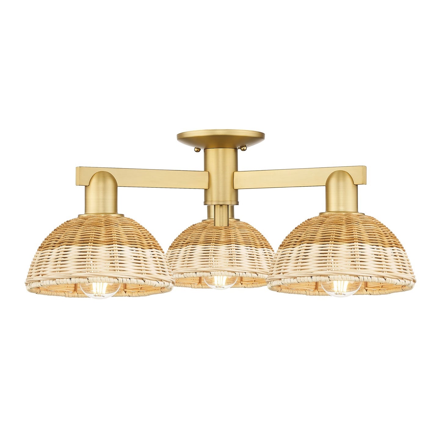 Innovations Natural Ballston Dome 25in 3-Light Semi-Flush Mount | Farmhouse Satin Gold Steel and Natural Fiber Basketweave | Model 716-3F-SG-NBD2-75-NAT