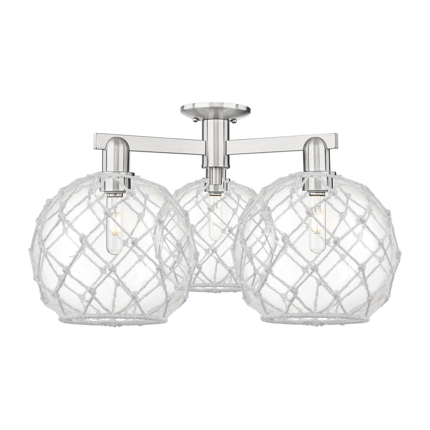 Innovations Farmhouse Rope 28in 3-Light Semi-Flush Mount | Industrial Brushed Satin Nickel and Clear Glass with White Rope | Model 716-3F-SN-G122-10RW