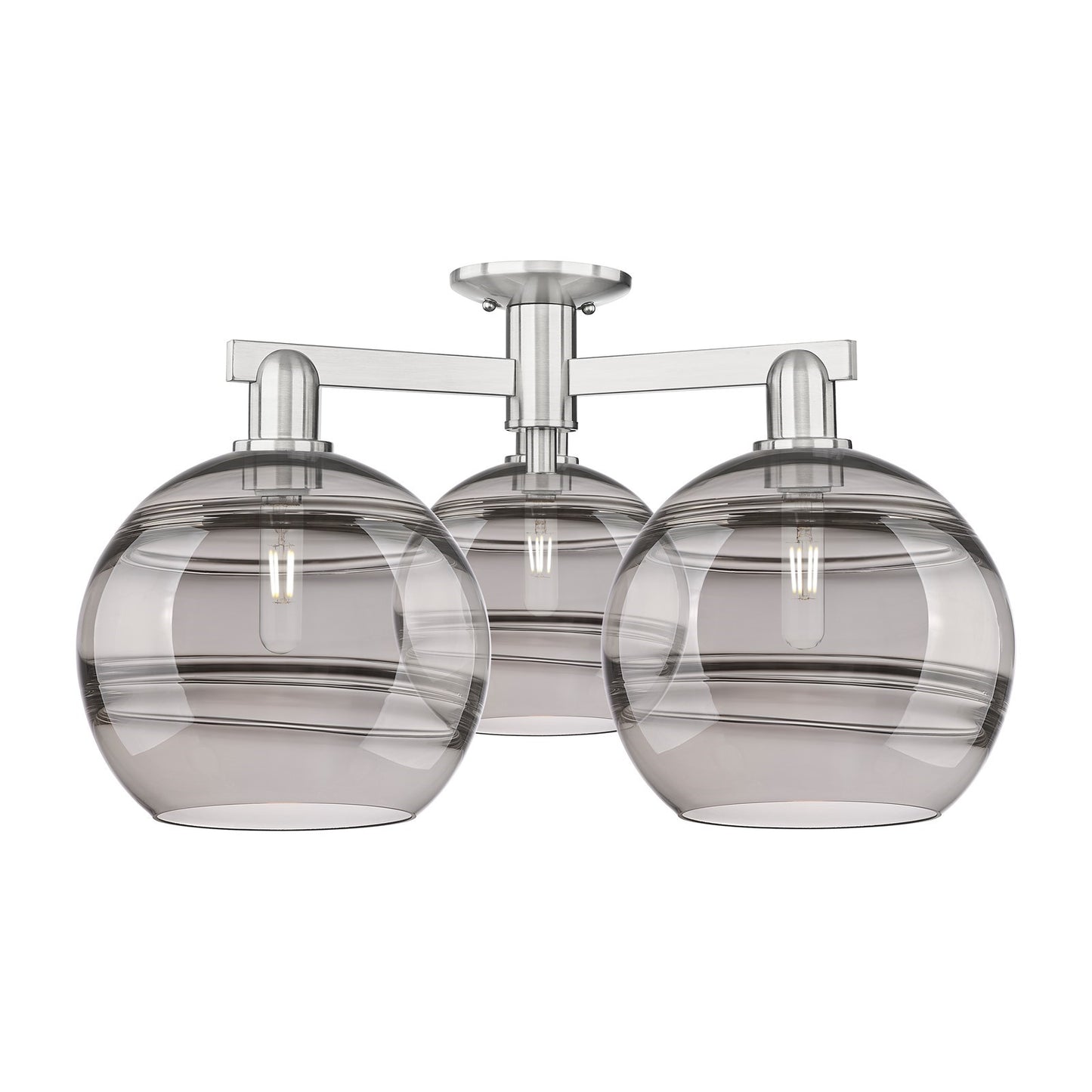 Innovations Rochester 28in 3-Light Semi-Flush Mount | Industrial Brushed Satin Nickel Steel and Light Smoke Glass | Living | Model 716-3F-SN-G556-10SM