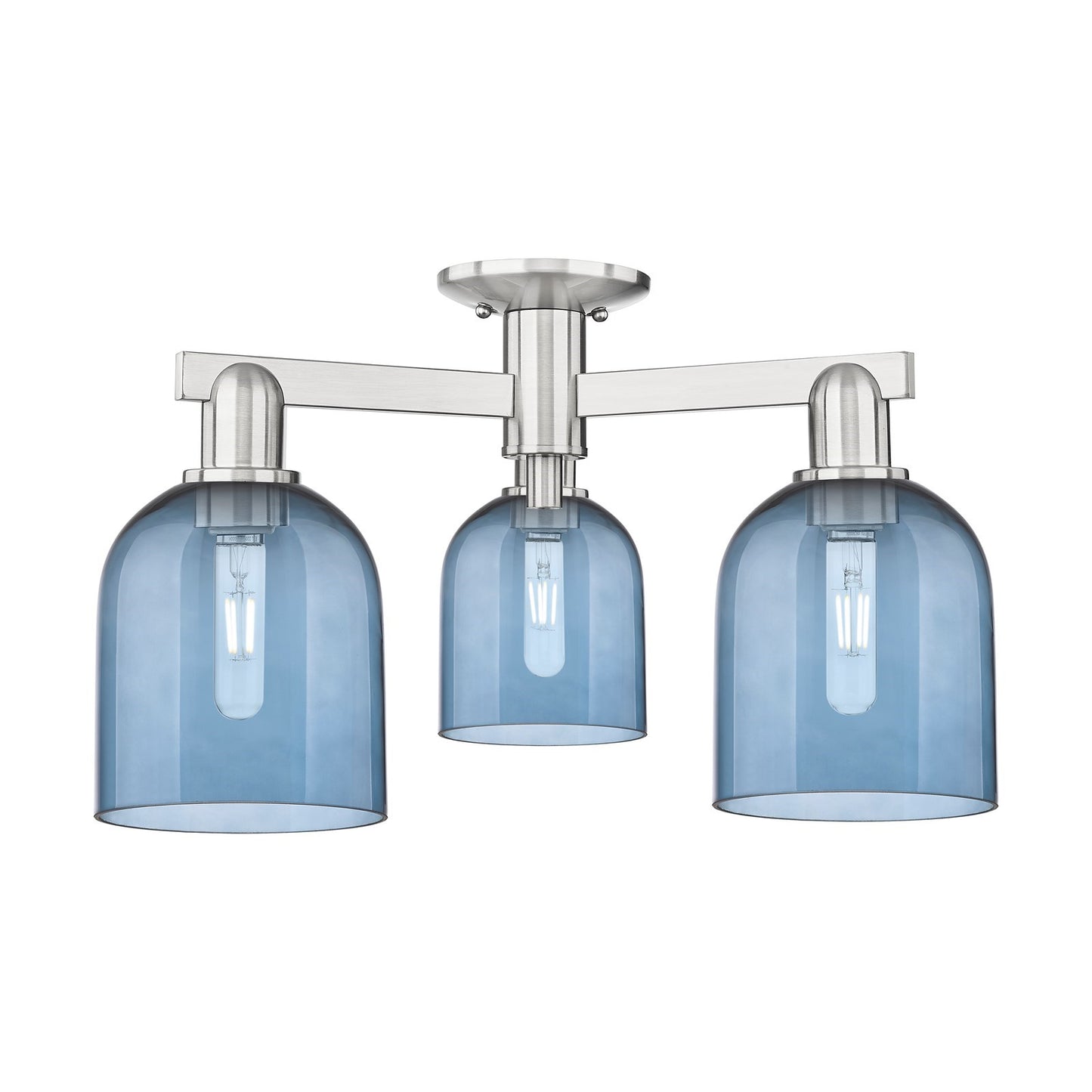 Innovations Bella 23in 3-Light Semi-Flush Mount | Industrial Brushed Satin Nickel and Blue Glass | Kitchen & Hallway | 23 x 11 | Model 716-3F-SN-G558-6BL