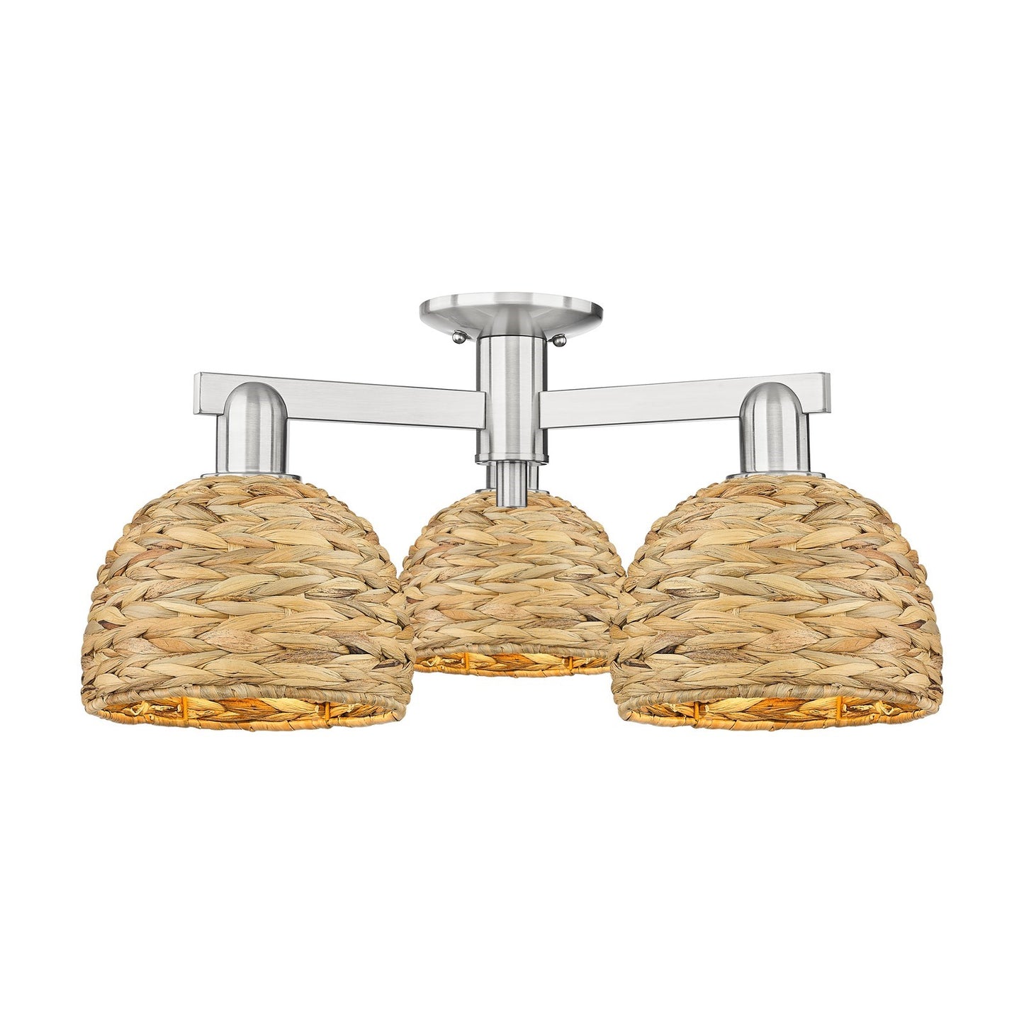 Innovations Arcadia 26in 3-Light Semi-Flush Mount | Industrial Brushed Satin Nickel and Natural Rattan Dome Shade | Entryway & | Model 716-3F-SN-RBD-8-NAT