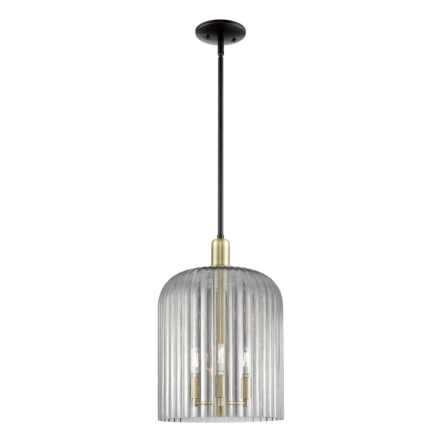 Innovations Bridal Veil 12in 1-Light Mini Pendant | Industrial Black Antique Brass Steel and Light Smoke Ribbed Glass | Model 716-3S-BAB-G559-12SM