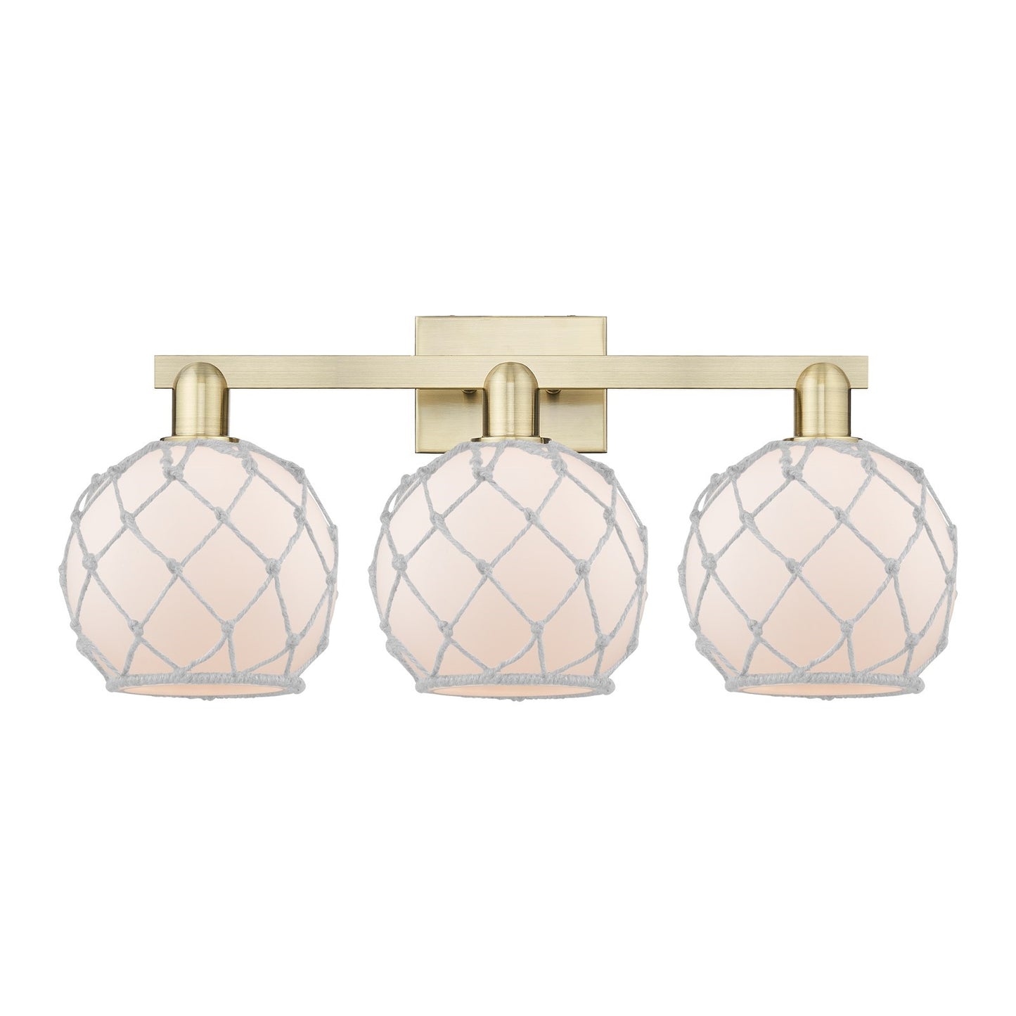 Innovations Farmhouse Rope 27in 3-Light Bath Vanity Light | Industrial Antique Brass Steel and White Frosted Glass with Rope | Model 716-3W-AB-G121-8RW