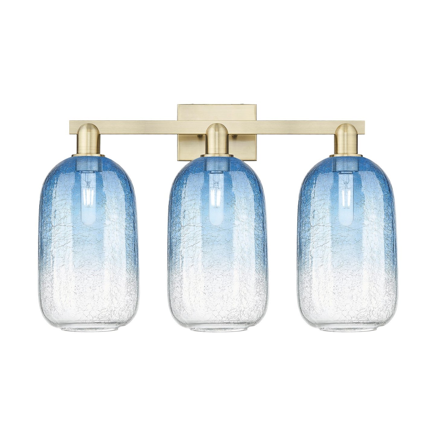 Innovations Brookhaven Cloche 26in 3-Light Bath Vanity Light | Industrial Antique Brass and Sapphire Blue Glass | Bathroom | Model 716-3W-AB-G482-7SB