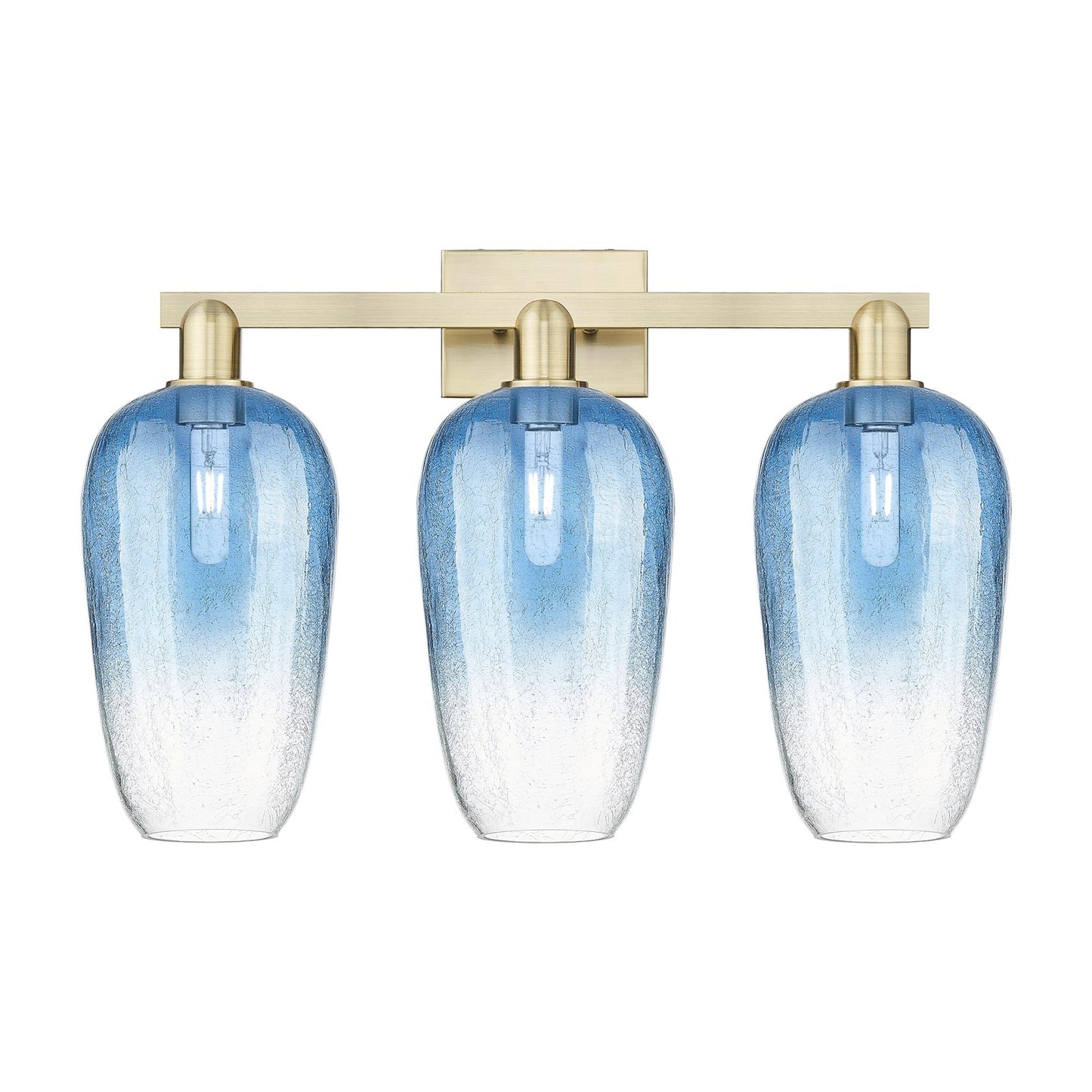Innovations Brookhaven Flute 26in 3-Light Bath Vanity Light | Industrial Antique Brass and Sapphire Blue Glass | Bathroom | Model 716-3W-AB-G484-7SB